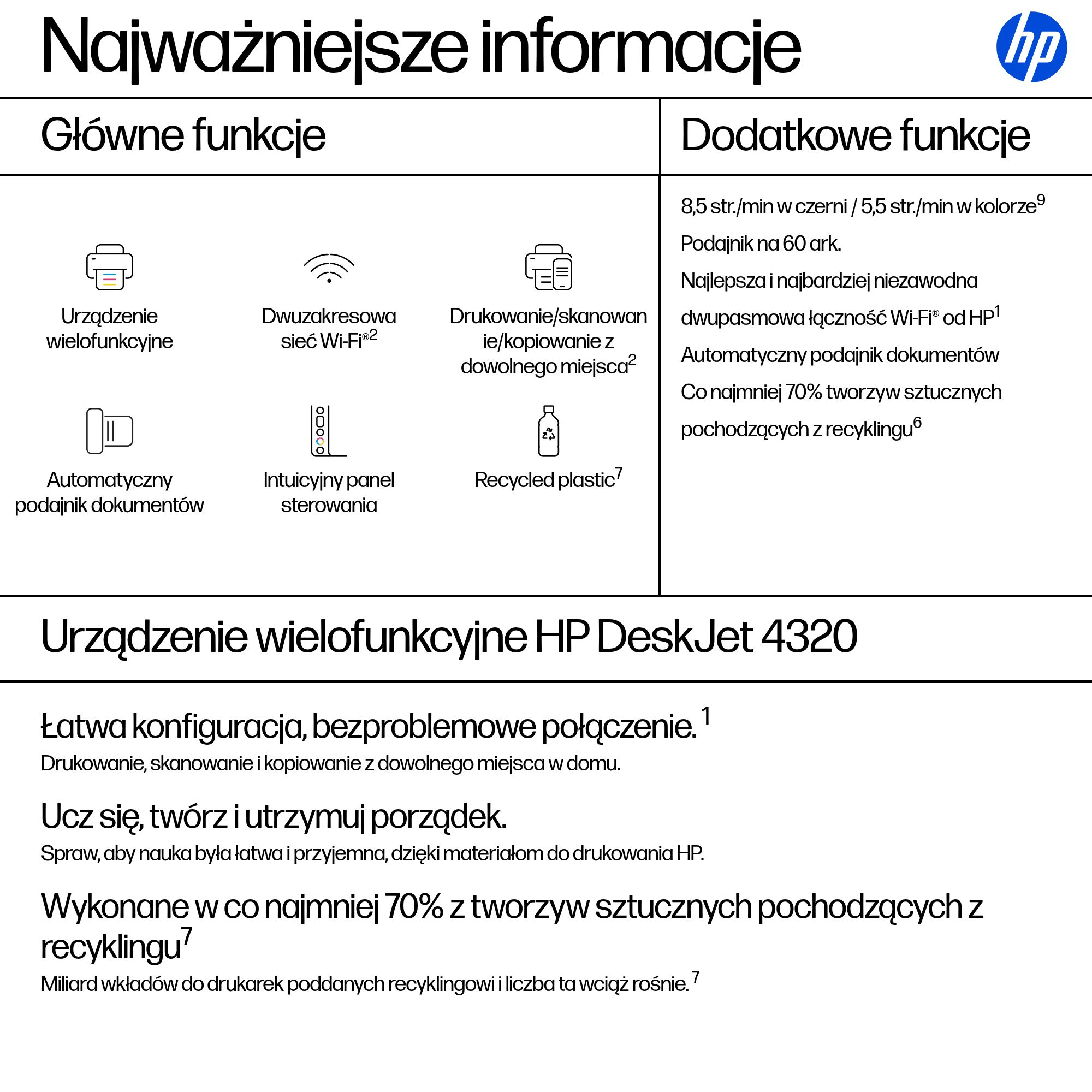 Drukarka wielofunkcyjna HP DeskJet 4320 z funkcjami głównymi i dodatkowymi.