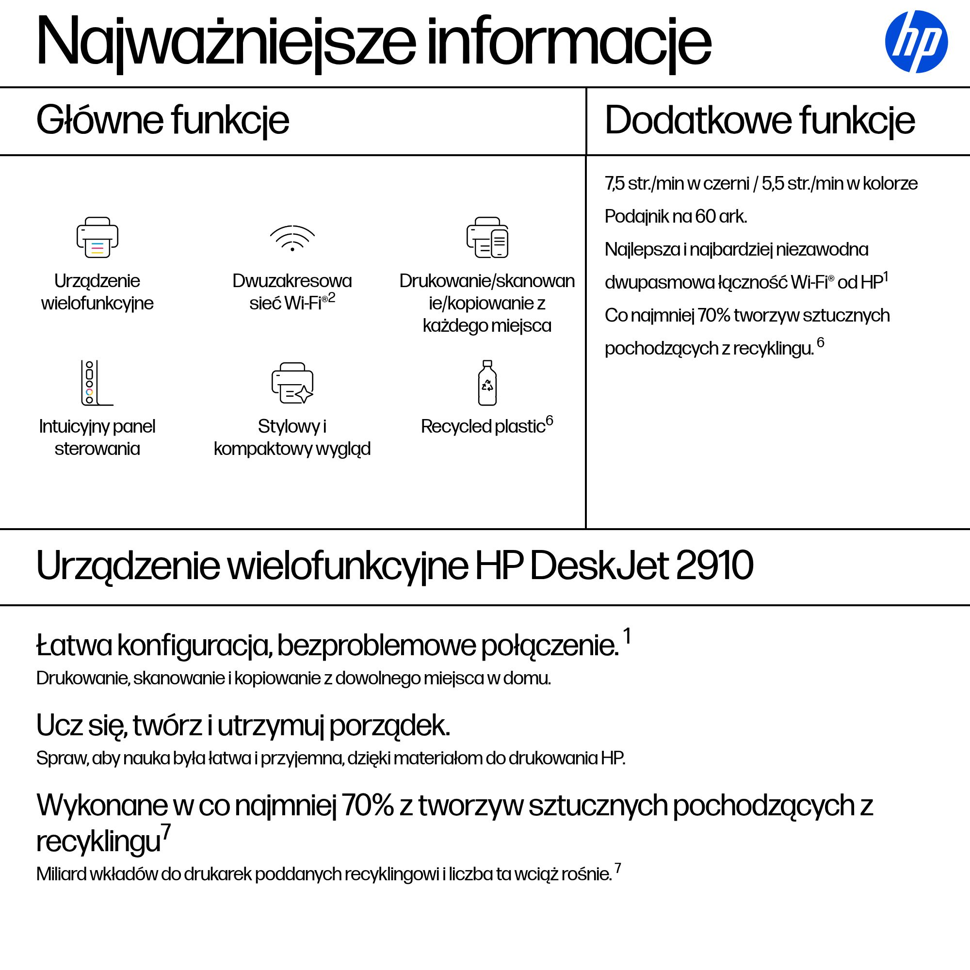 Informacje o produkcie z ikonami funkcji takich jak drukowanie, skanowanie i Wi-Fi.