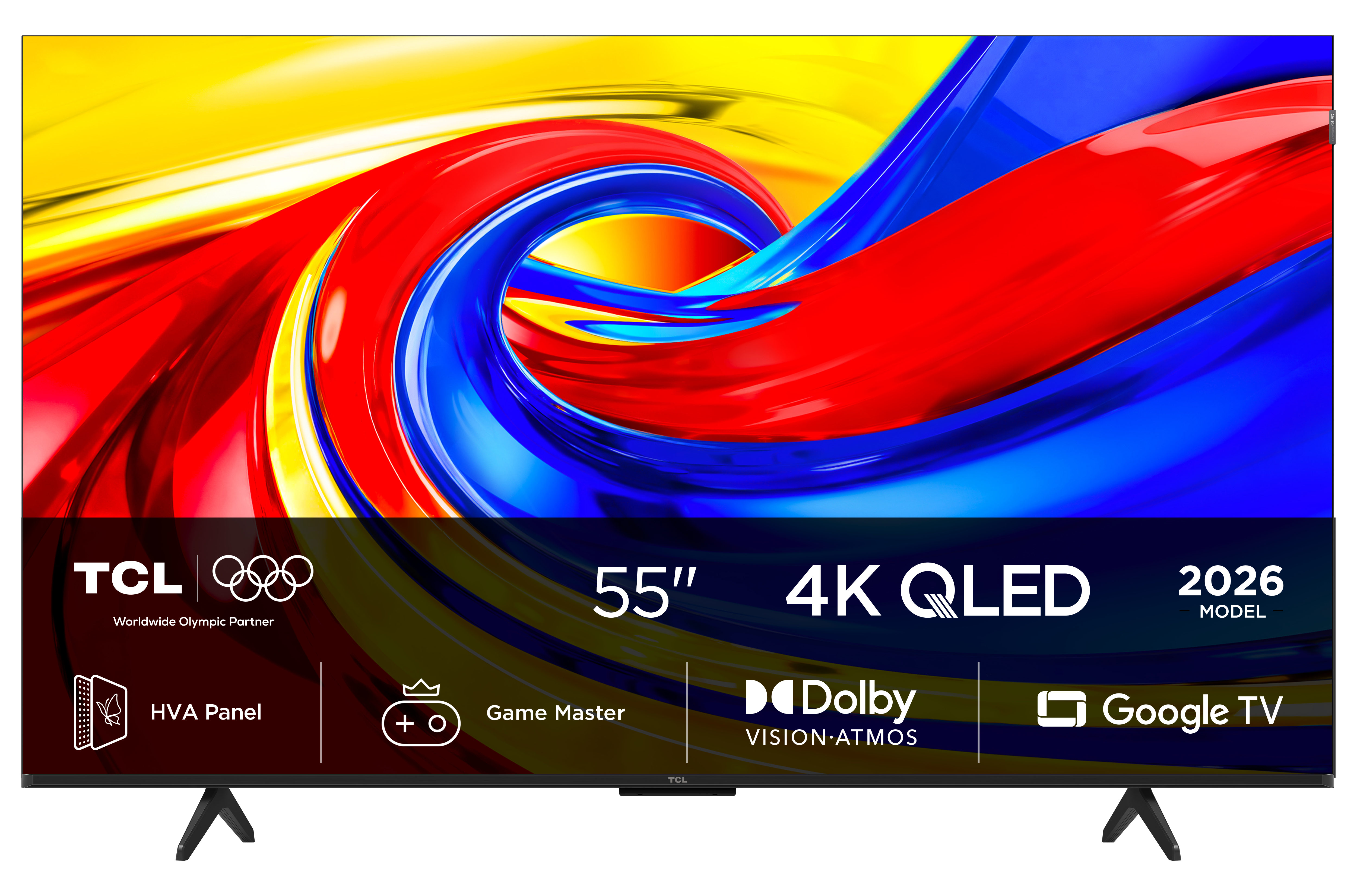 Telewizor TCL 4K QLED 55 cali z żywym tłem i logotypami.
