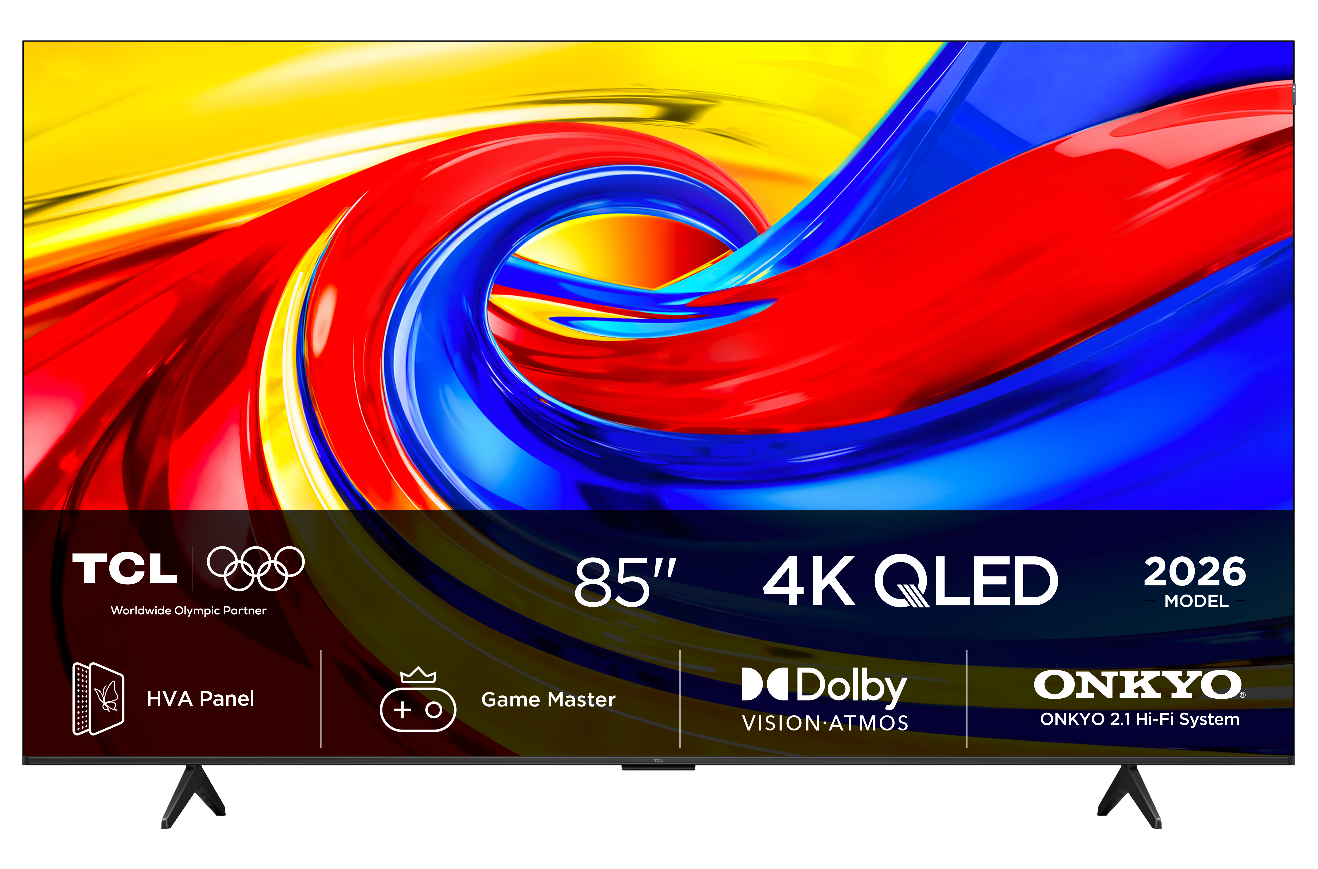 Telewizor TCL 4K QLED 85 cali z kolorowym tłem, Dolby Vision, Atmos i systemem Onkyo.