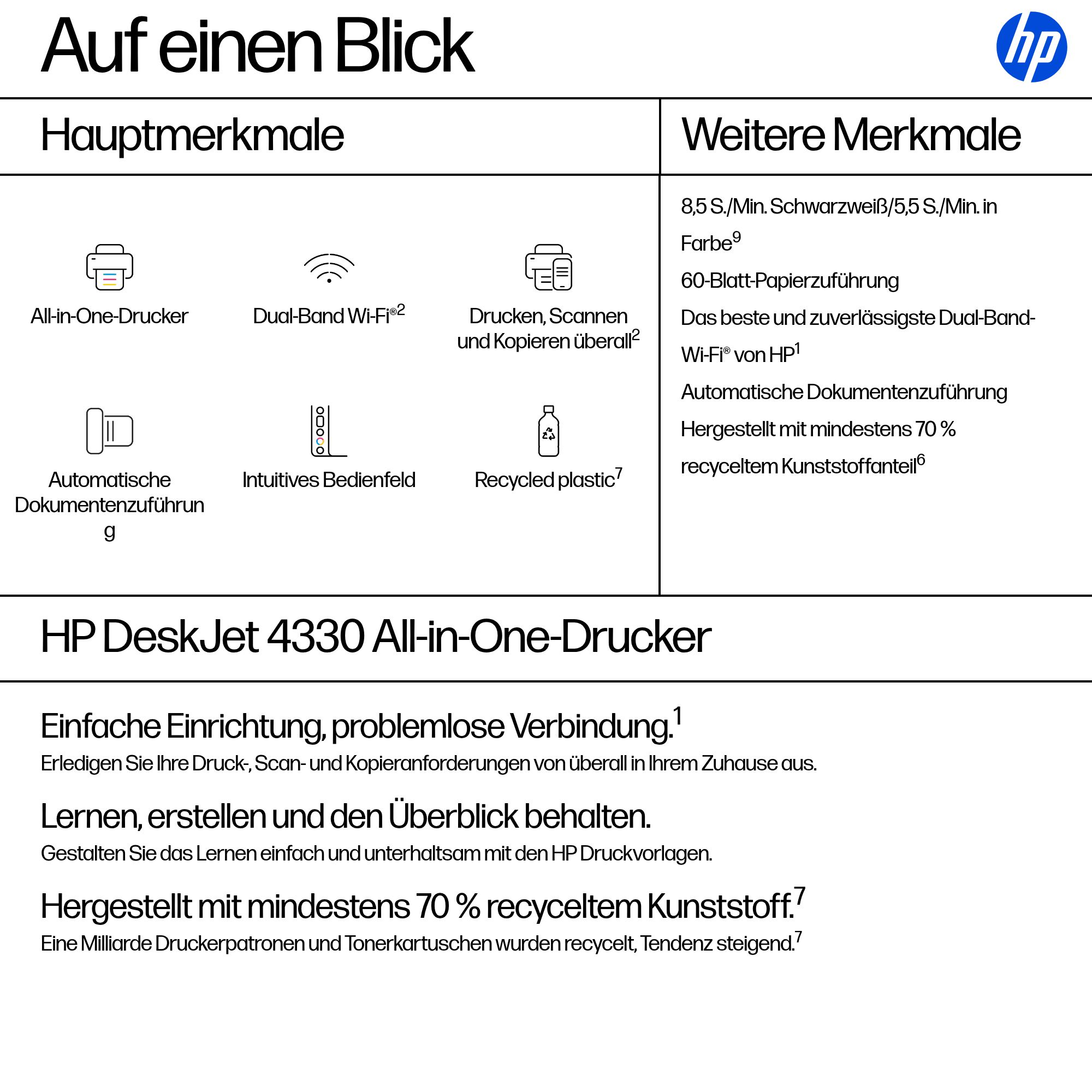 Produktübersicht HP DeskJet 4330 All-in-One-Drucker mit Merkmalen.