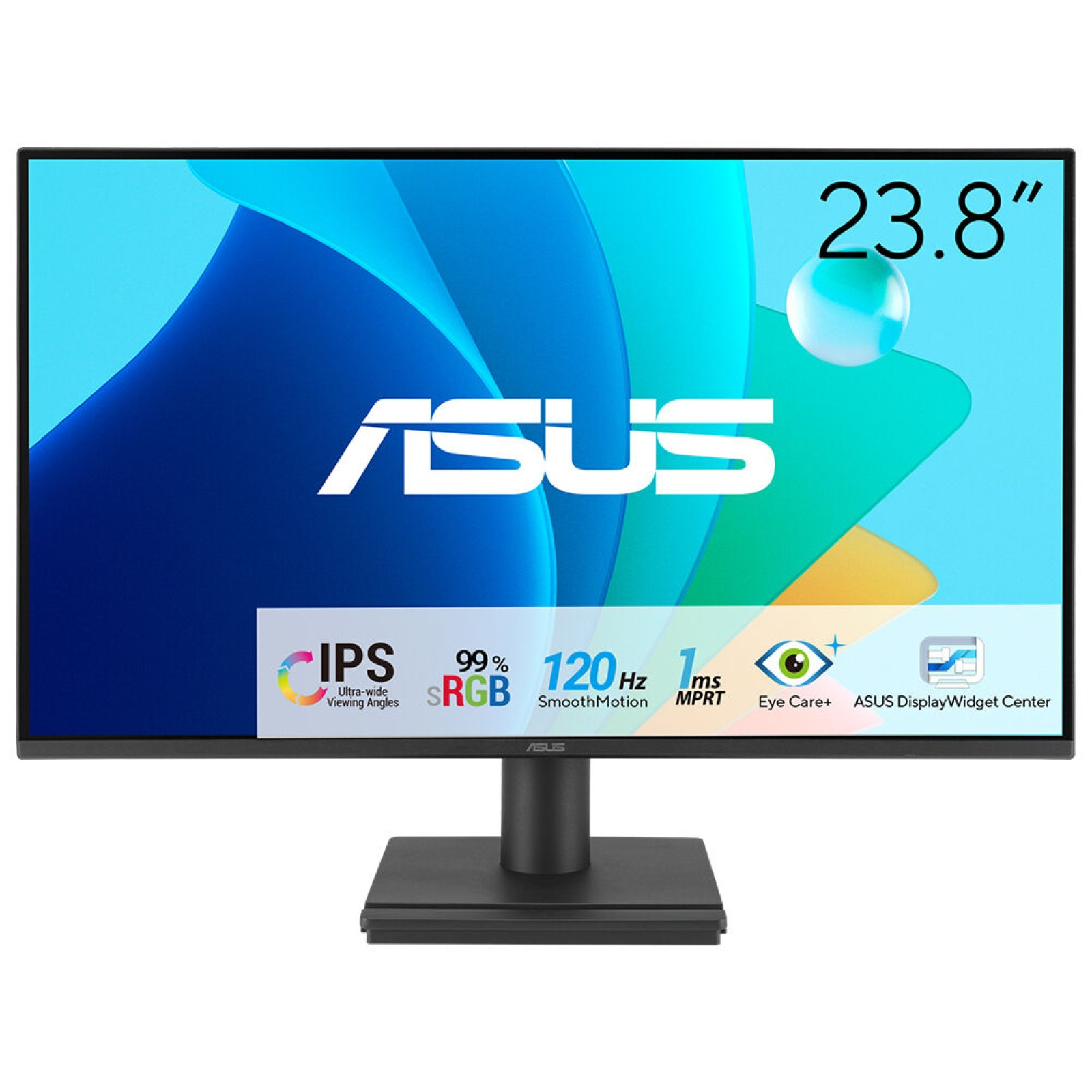 Ein 23,8-Zoll Asus Monitor mit blau-grünem Hintergrund und Logos.