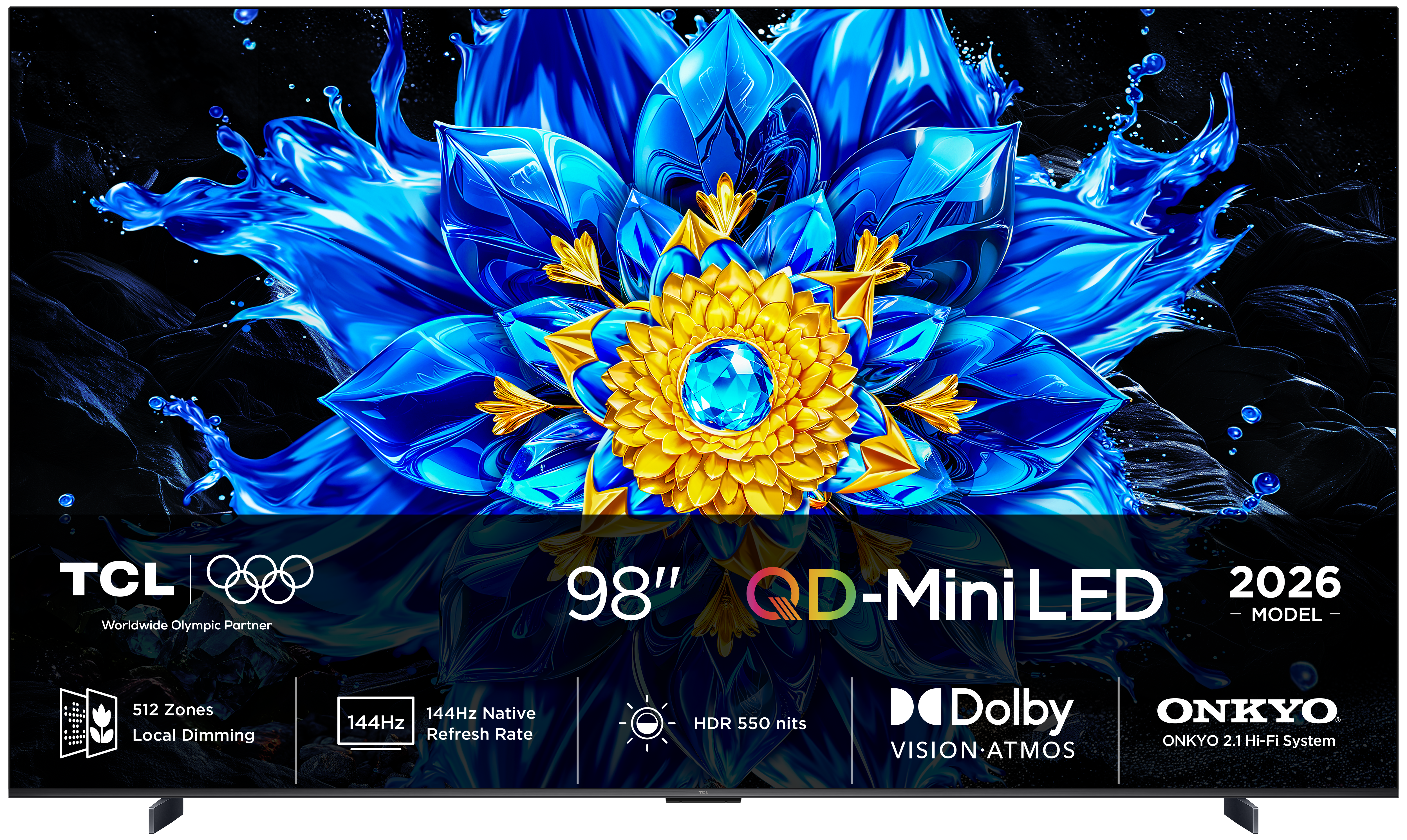 TCL 98" QD-Mini LED TV mit blau-gelber Blume und Dolby Vision. 144Hz.