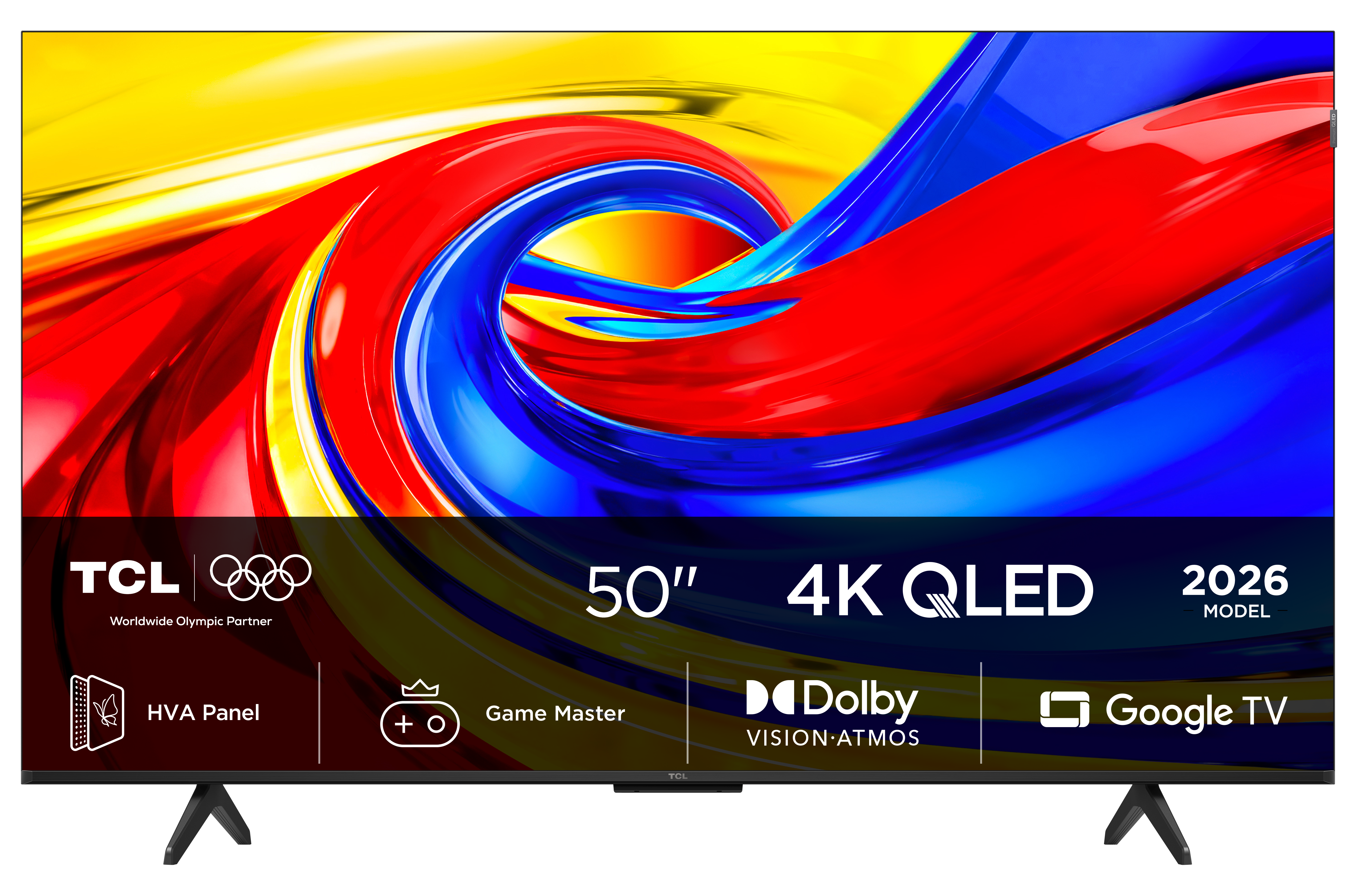 Telewizor TCL QLED 4K o przekątnej 50 cali z żywą sztuką abstrakcyjną i logotypami Olympic Partner, Game Master, Dolby Vision i Google TV.