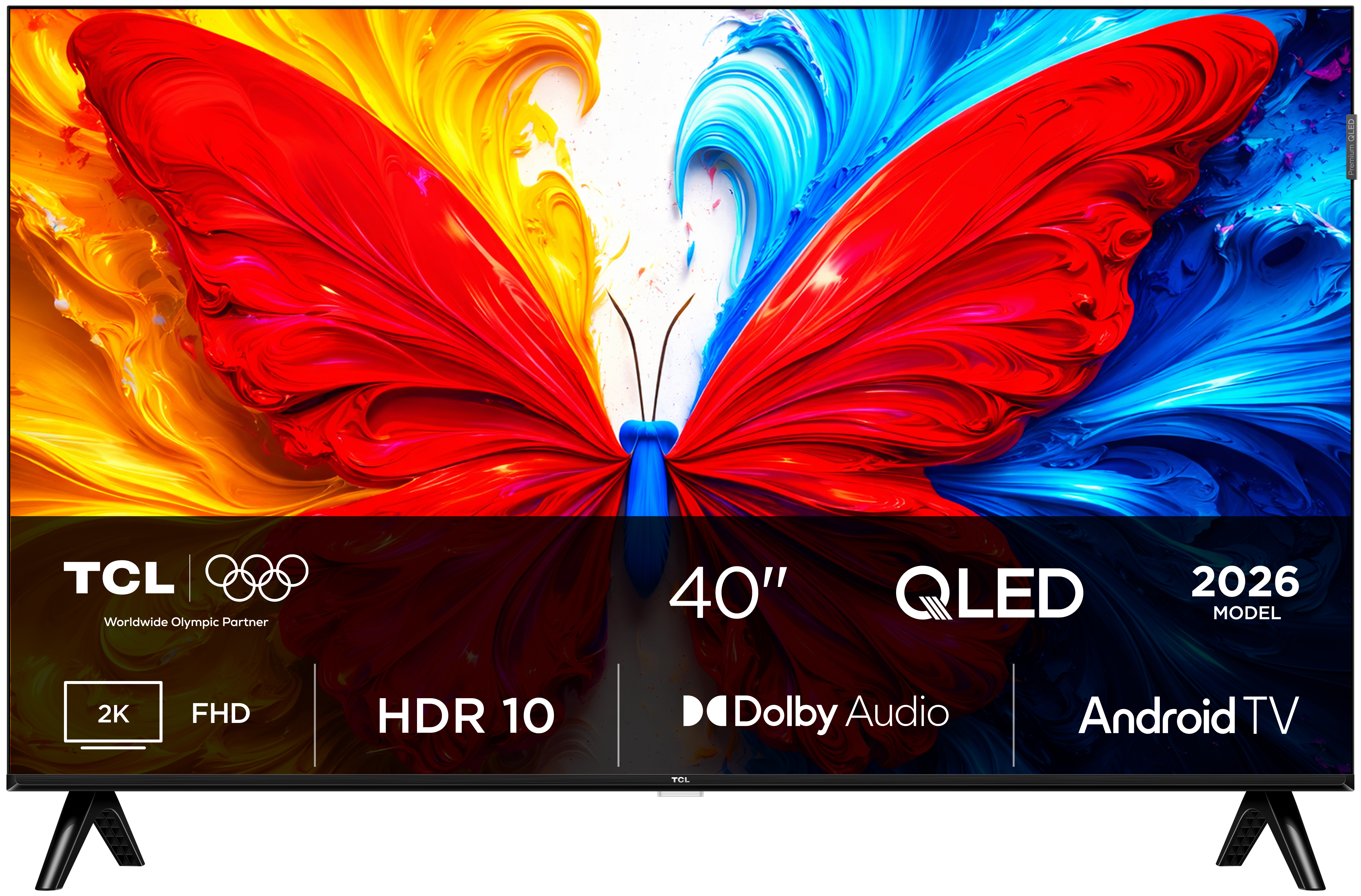 Ein 40-Zoll-TCL-QLED-Fernseher mit lebendigem Schmetterlingsdesign und Android TV.