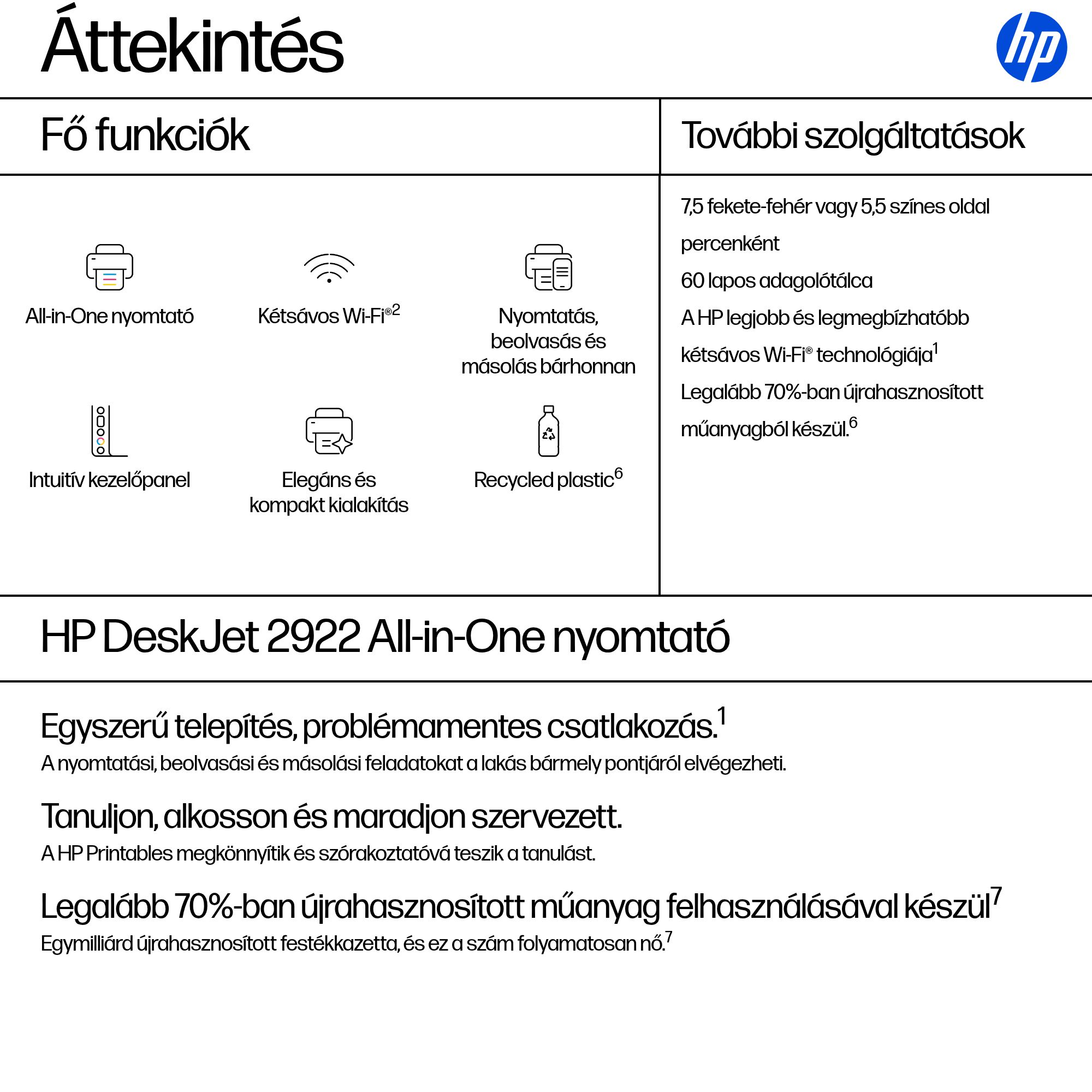 Áttekintés: All-in-One nyomtató, kétsávos Wi-Fi, nyomtat/szkennel/másol, intuitív panel, elegáns, kompakt, újrahasznosított.