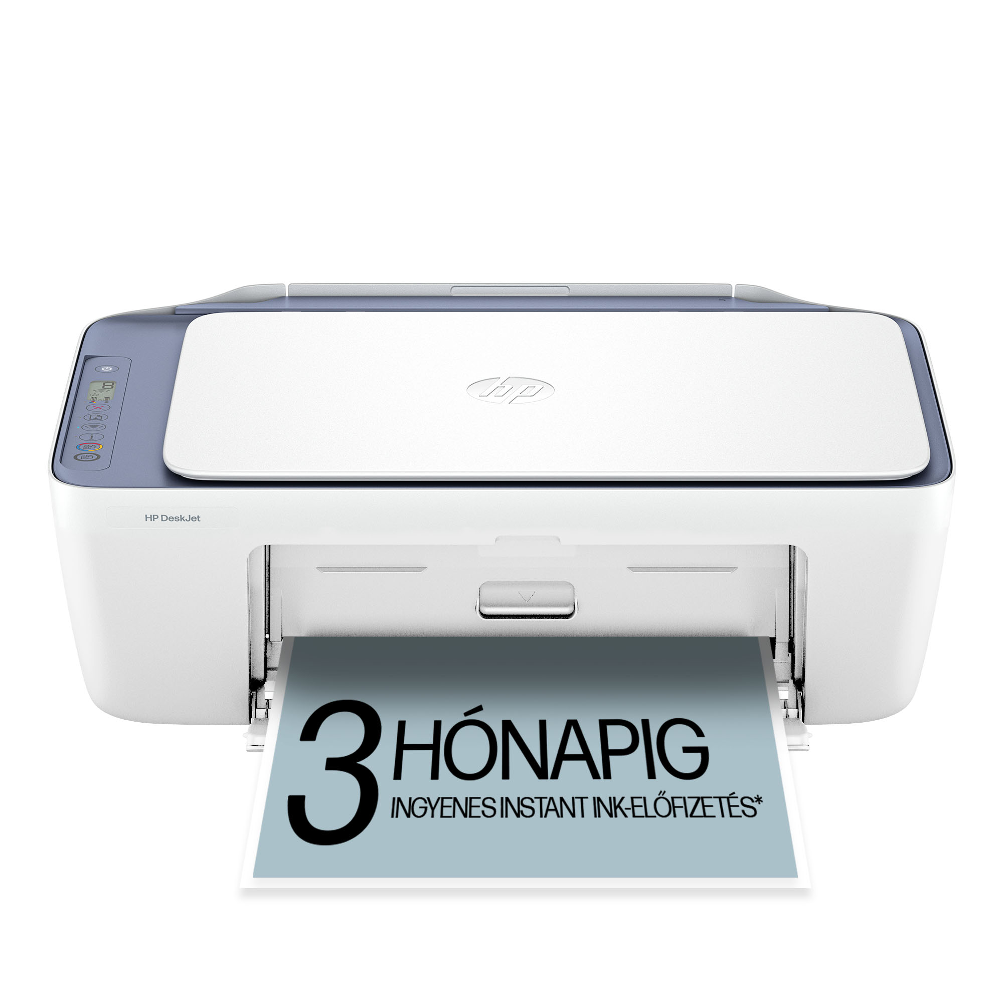 Fehér HP DeskJet nyomtató kék díszítéssel, amely 3 hónap ingyenes Instant Ink előfizetést tartalmazó papírt nyomtat.