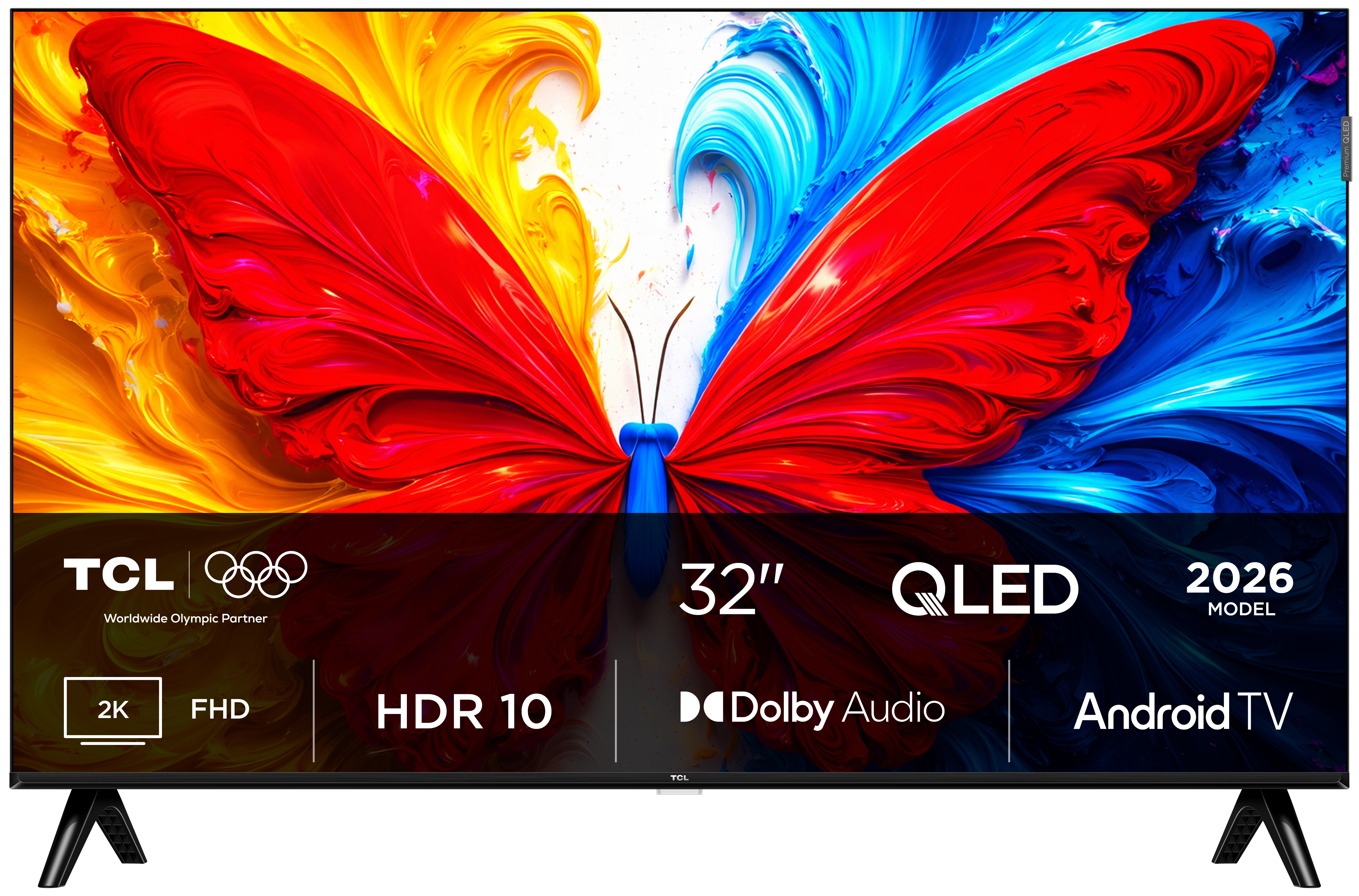 Telewizor TCL QLED 32 cale z obrazem motyla, 2K FHD, HDR 10, Dolby Audio, Android TV.