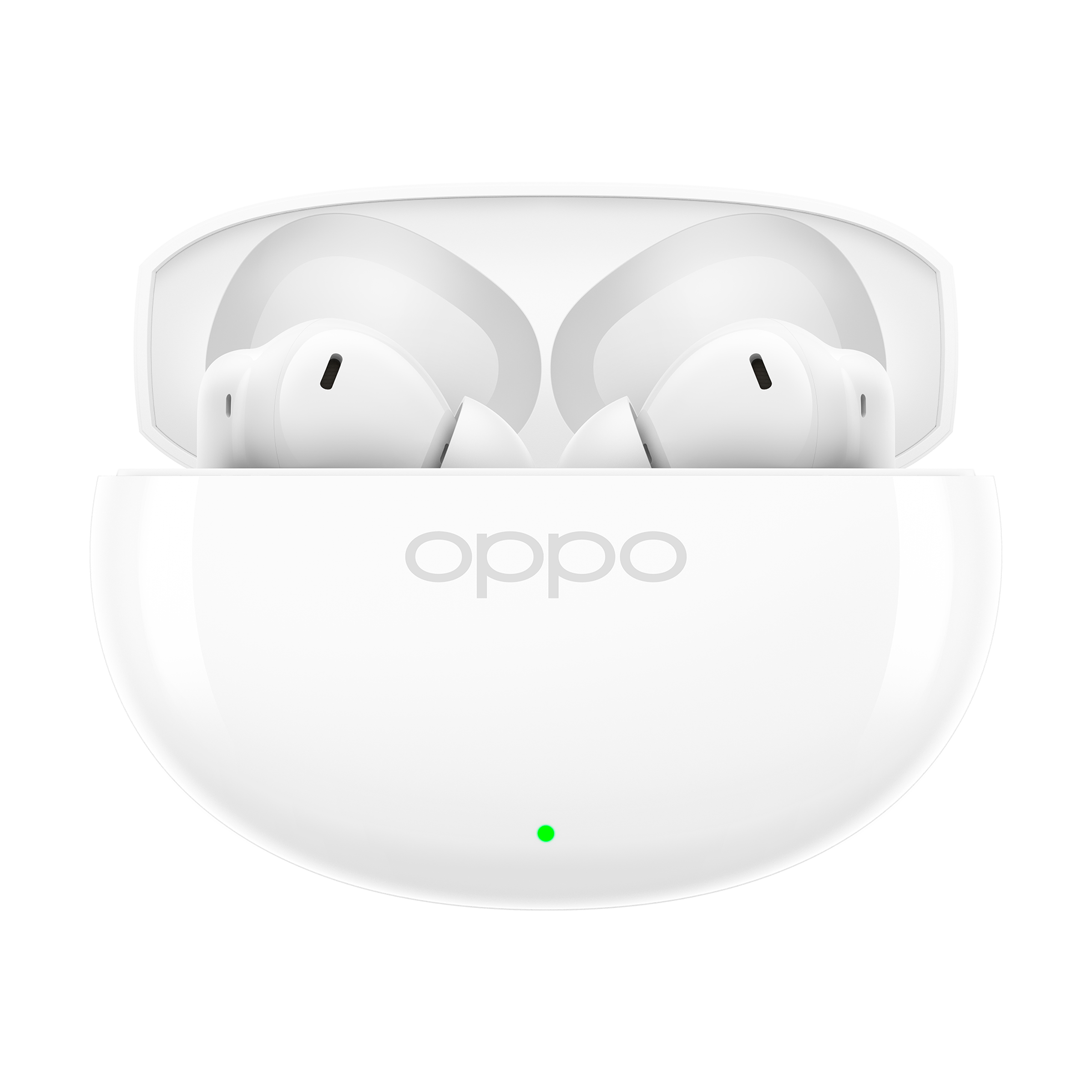 Białe etui ładujące do słuchawek Oppo z dwoma słuchawkami i zieloną diodą.