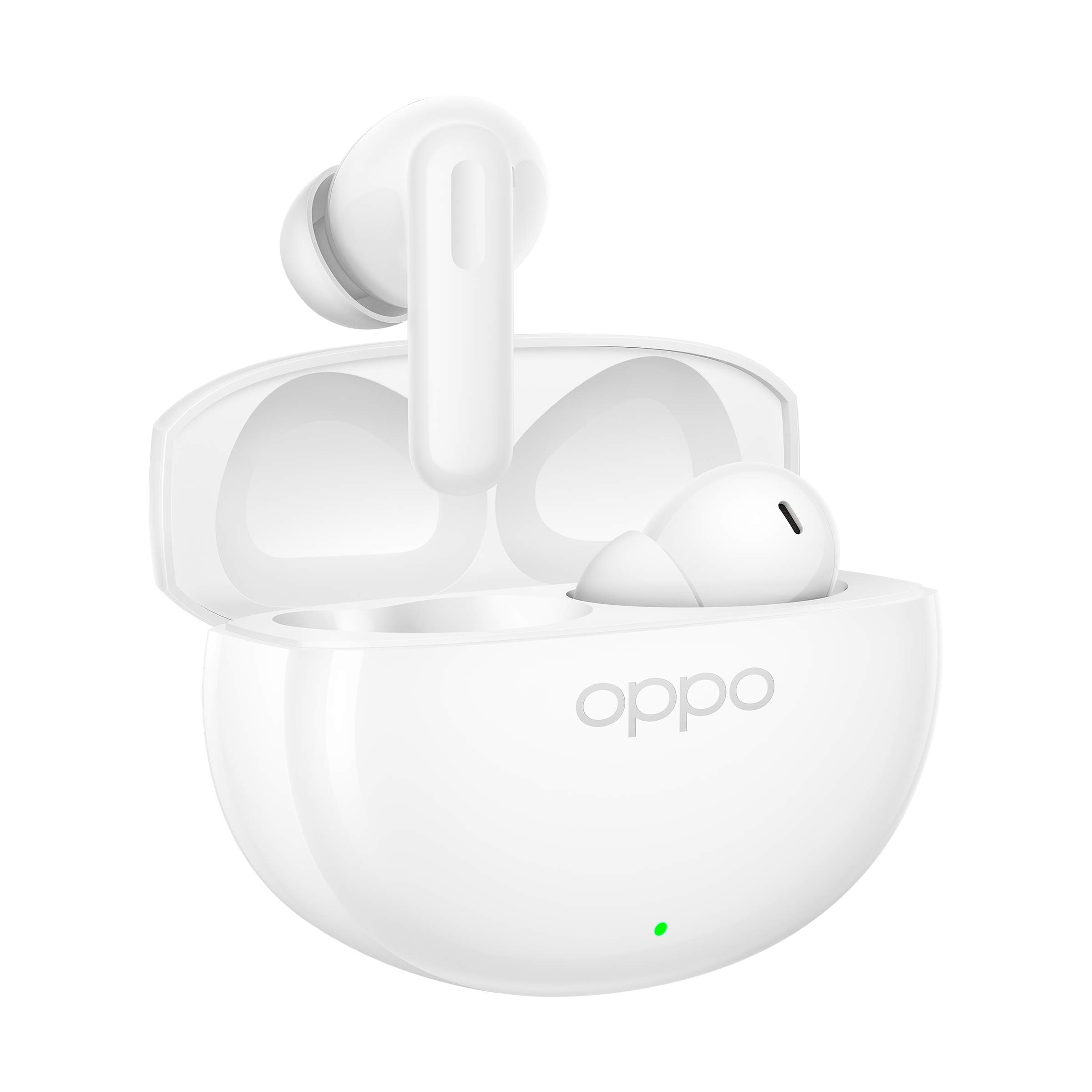Białe słuchawki OPPO w otwartym etui ładującym z zielonym światłem.