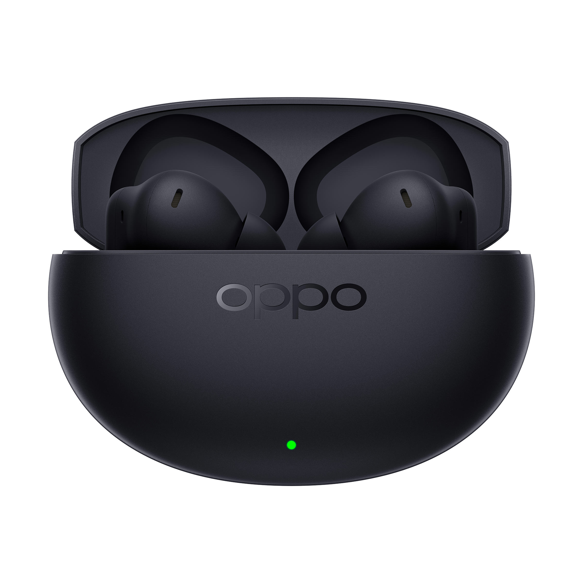 Czarne słuchawki Oppo w etui ładującym z jasnozieloną diodą LED.