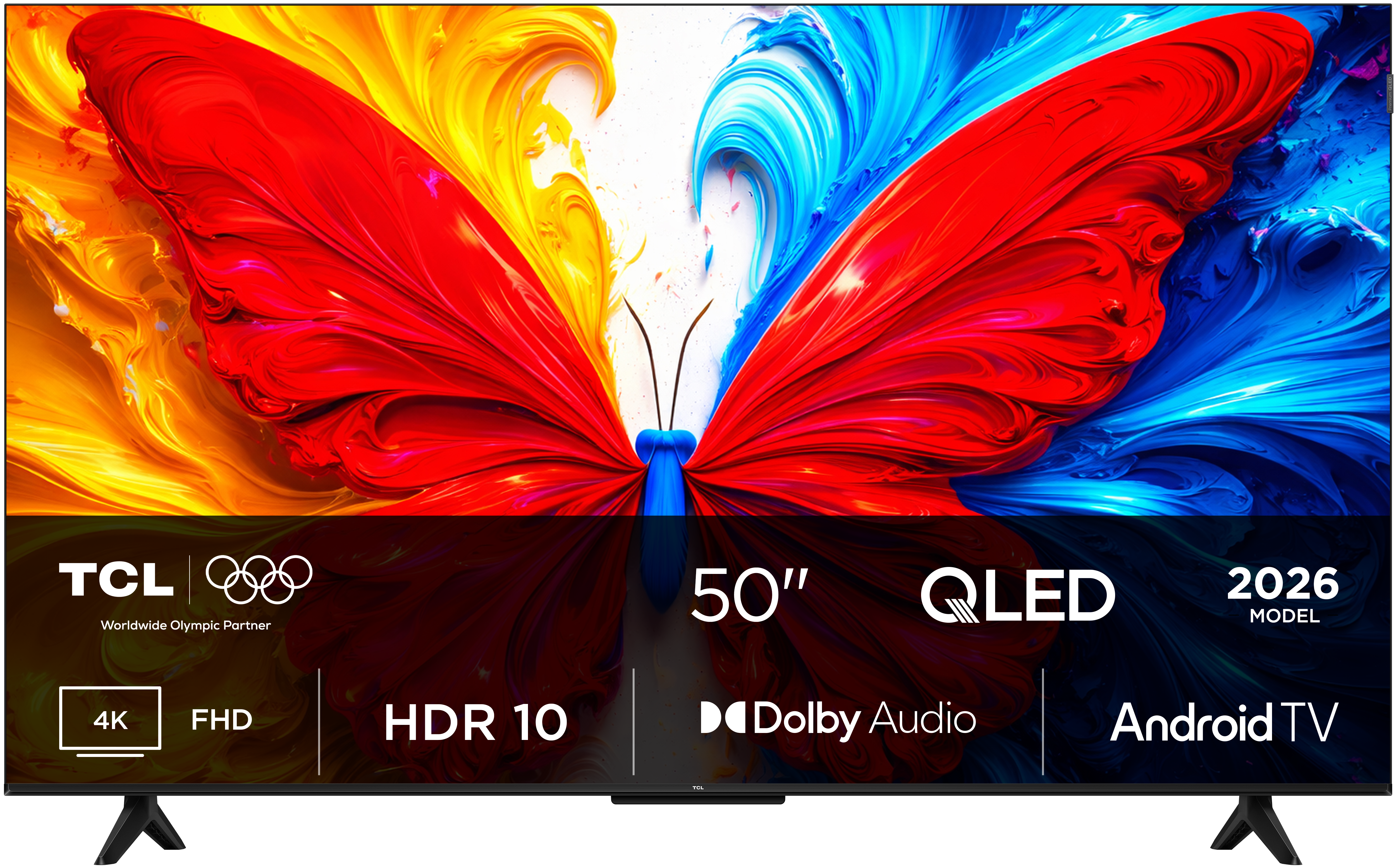 Telewizor TCL 50" QLED 4K z grafiką motyla, HDR10, Dolby Audio, Android TV.