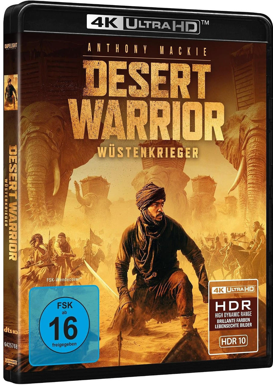 Ein Mann in brauner Kleidung mit Turban kniet auf einem sandigen Boden, Elefanten und Krieger im Hintergrund.