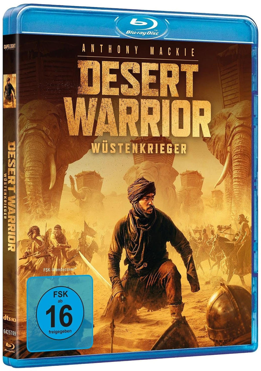 Ein Mann in Wüstenkleidung kniet vor Elefanten und Reitern. Filmcover.