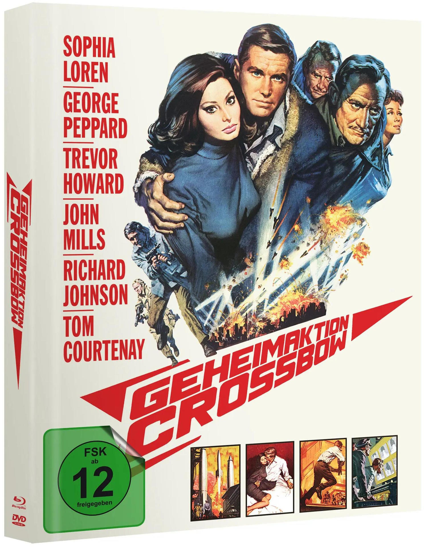 Filmplakat mit Schauspielern, Explosionen und Titel 'Geheimaktion Crossbow'.
