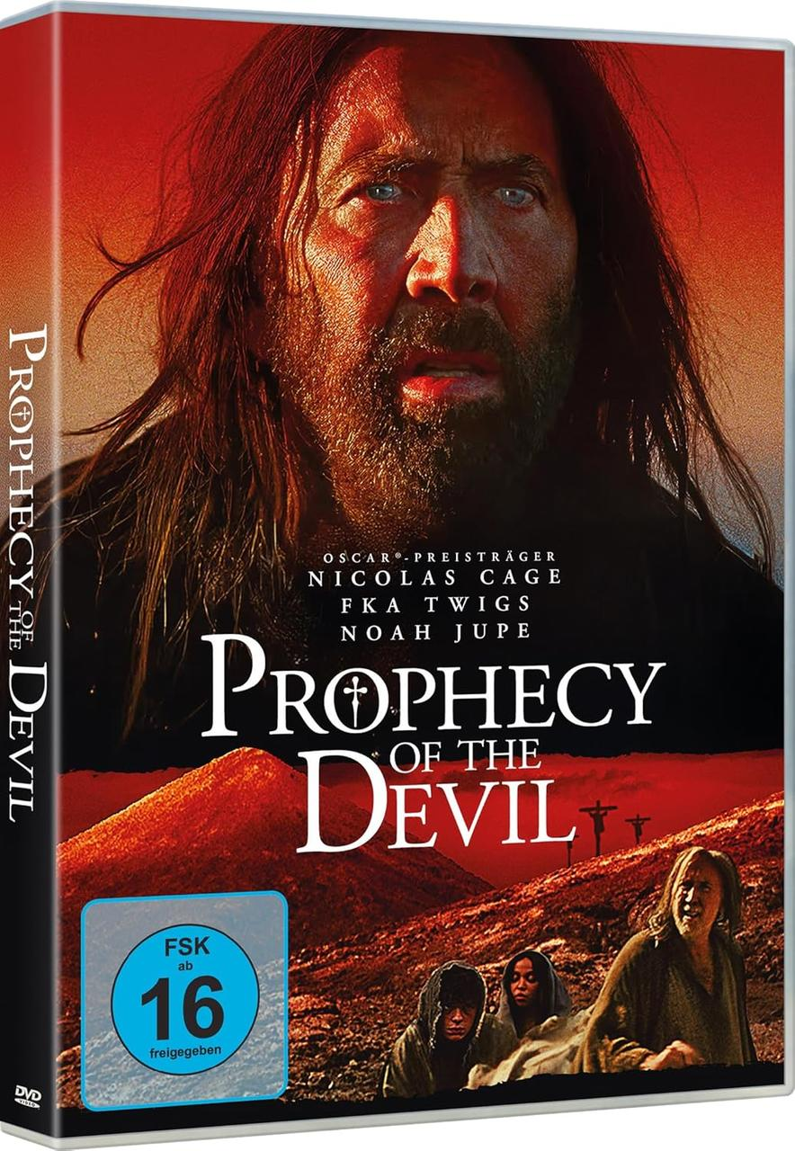 Nicolas Cage als Prophet mit langen Haaren vor rotem Himmel, unten 3 Personen.