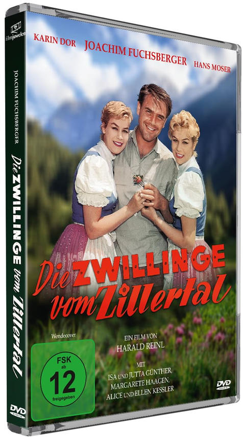 DVD-Cover: Ein Mann mit zwei Frauen in Tracht vor Bergkulisse. Titel: Die Zwillinge vom Zillertal.