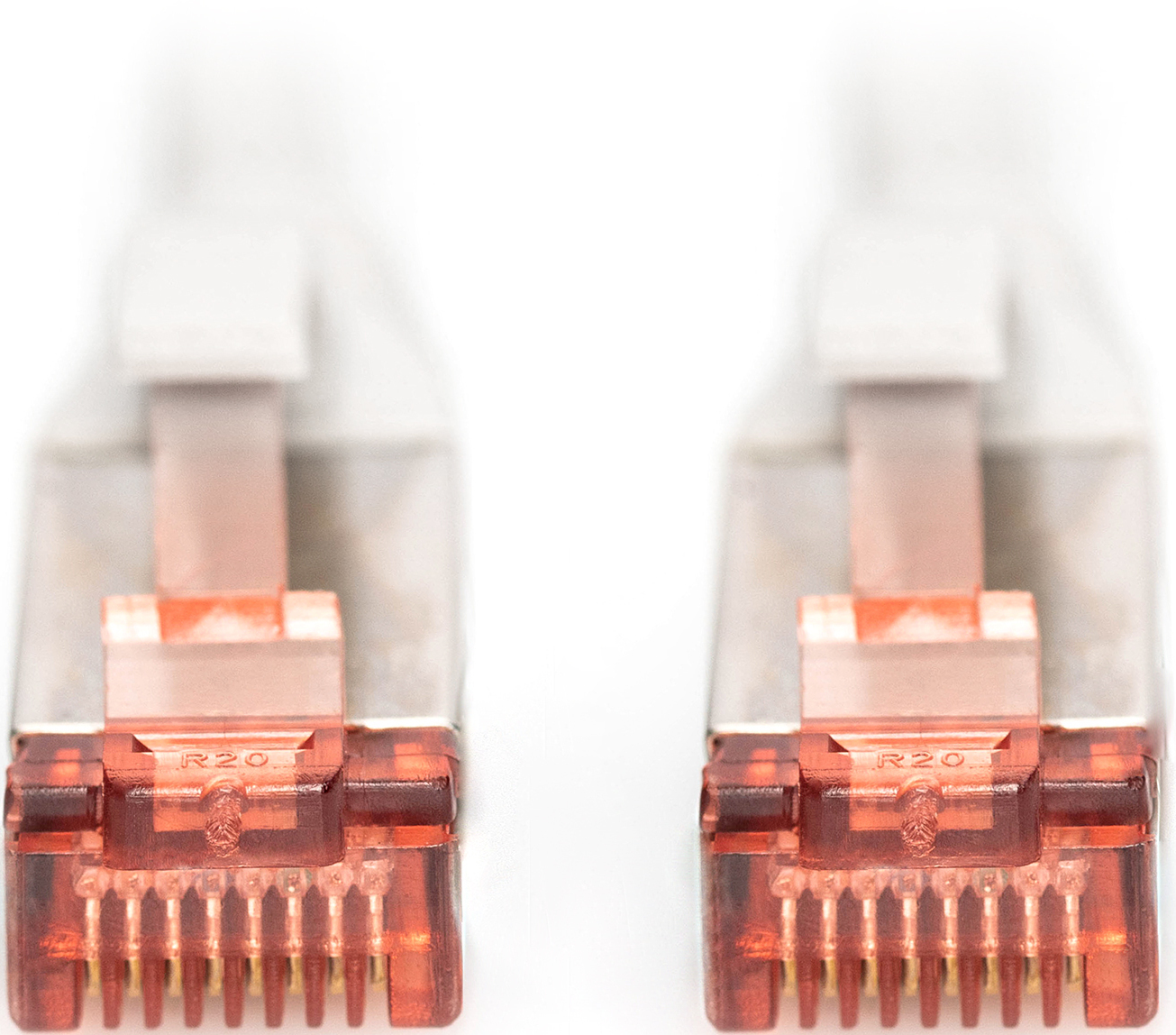 Nahaufnahme von zwei Ethernet-Anschlüssen mit roten transparenten Steckern und Metallkontakten.