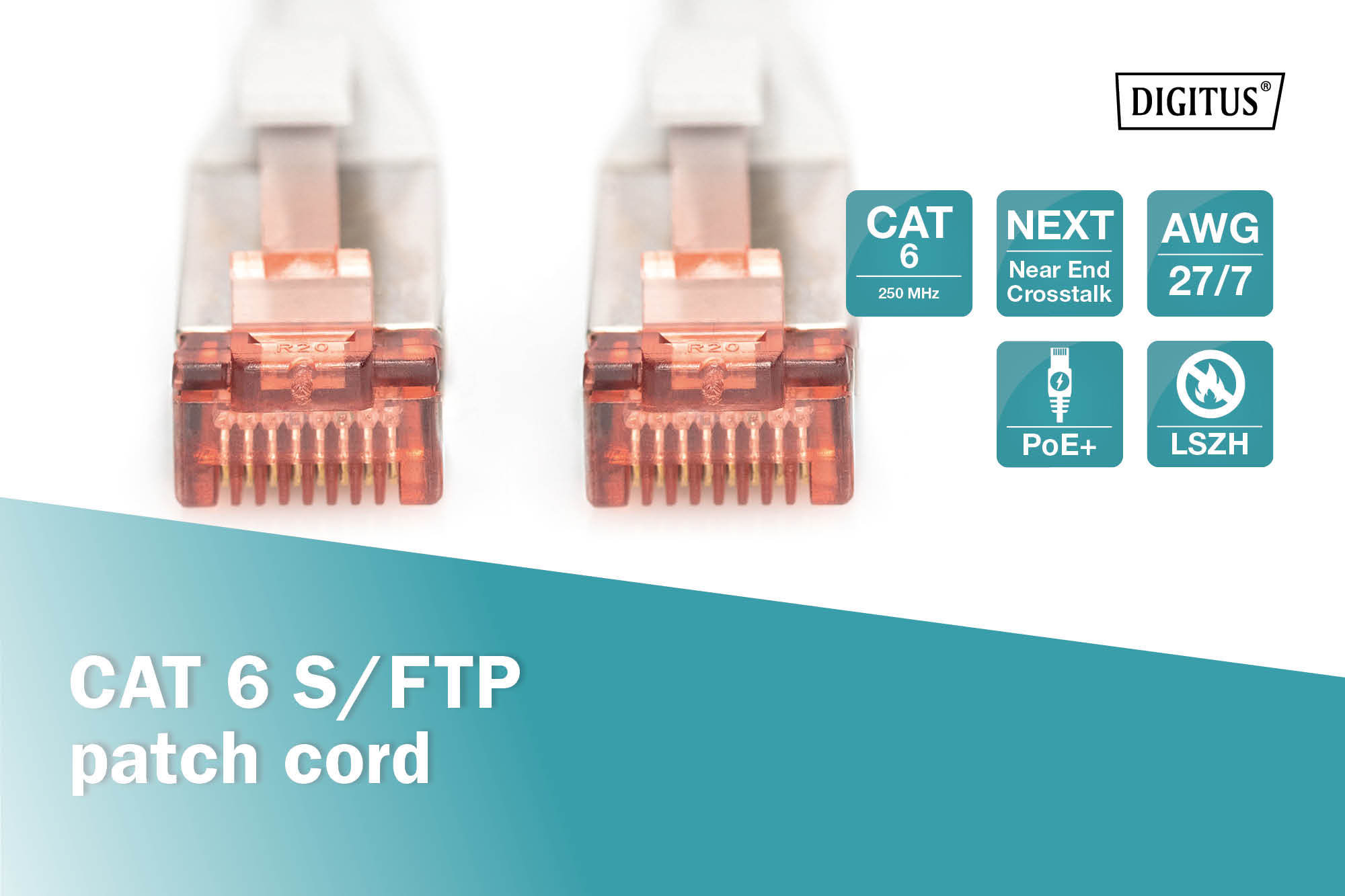 Zwei CAT 6 S/FTP Patchkabel mit RJ45-Steckern, neben Informationssymbolen.