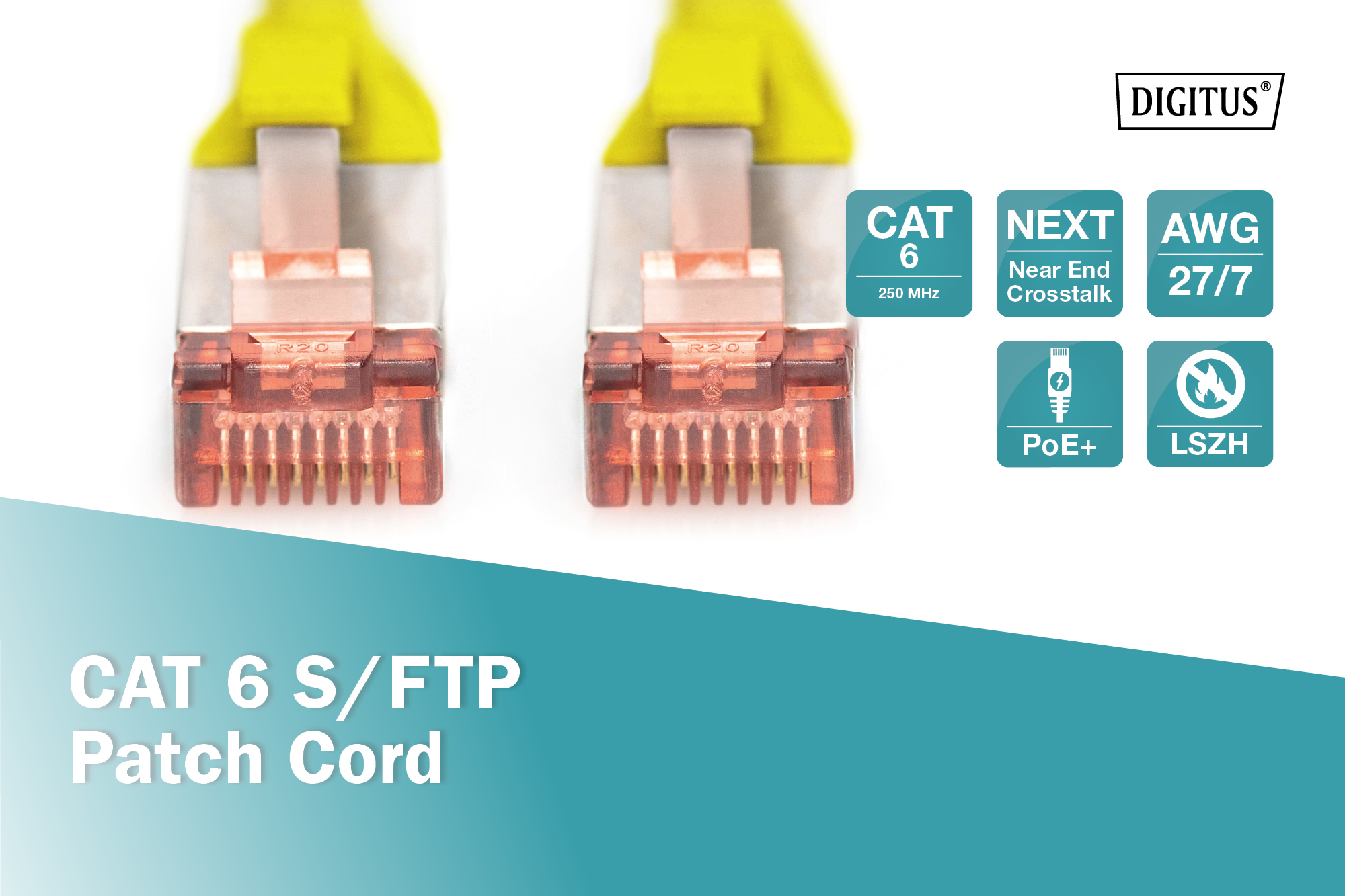 Zwei CAT 6 S/FTP Patchkabel-Stecker mit gelben Kabeln. Logos: DIGITUS, CAT 6, NEXT, AWG 27/7, PoE+, LSZH.