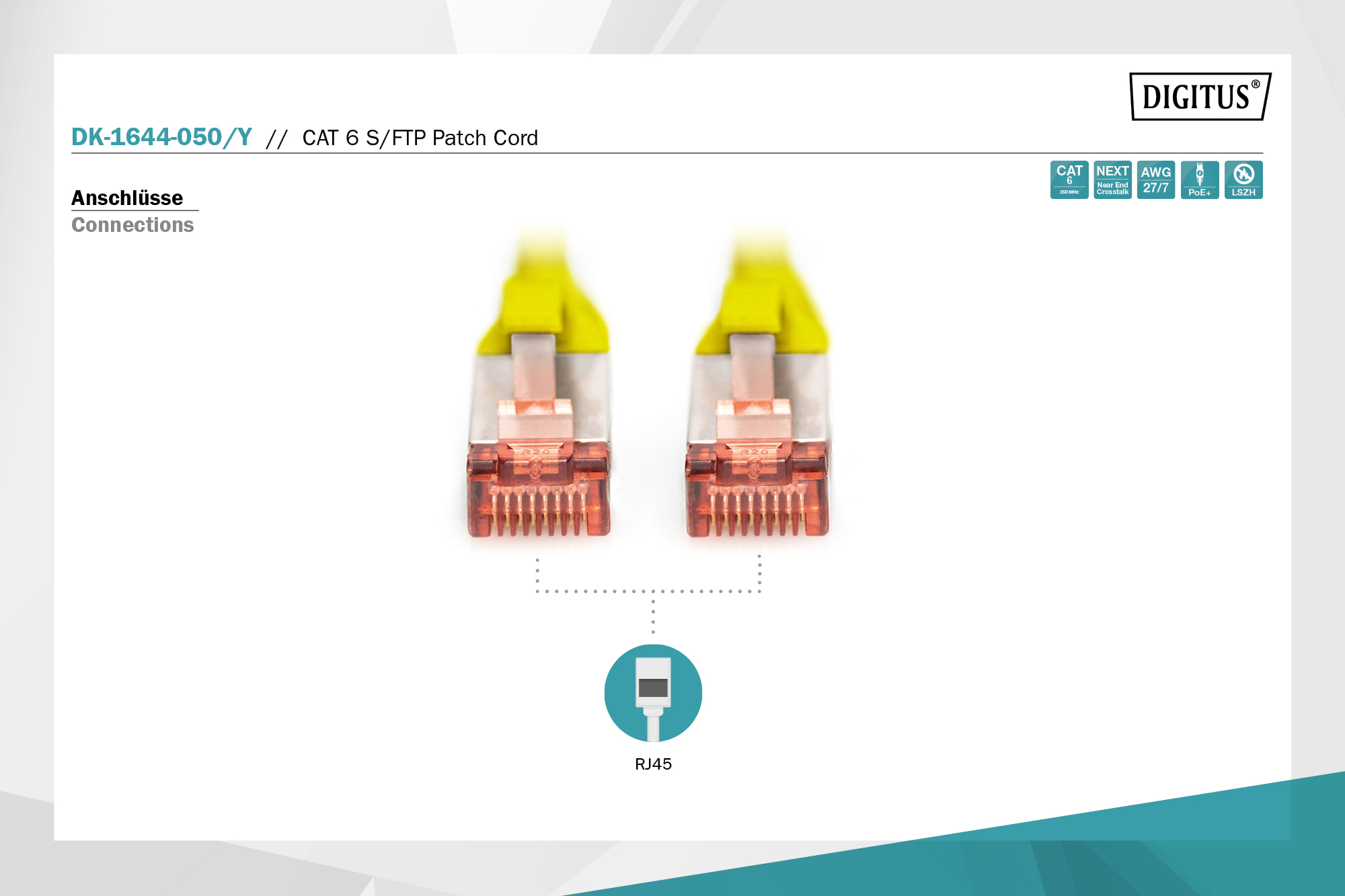 Zwei RJ45-Stecker eines gelben Netzwerkkabels mit kupferfarbenen Kontakten.