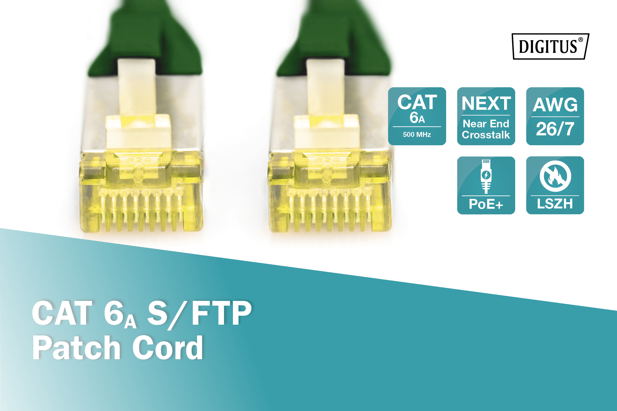 Zwei CAT 6A S/FTP Patchkabel mit gelben Steckern und grünen Kabeln.