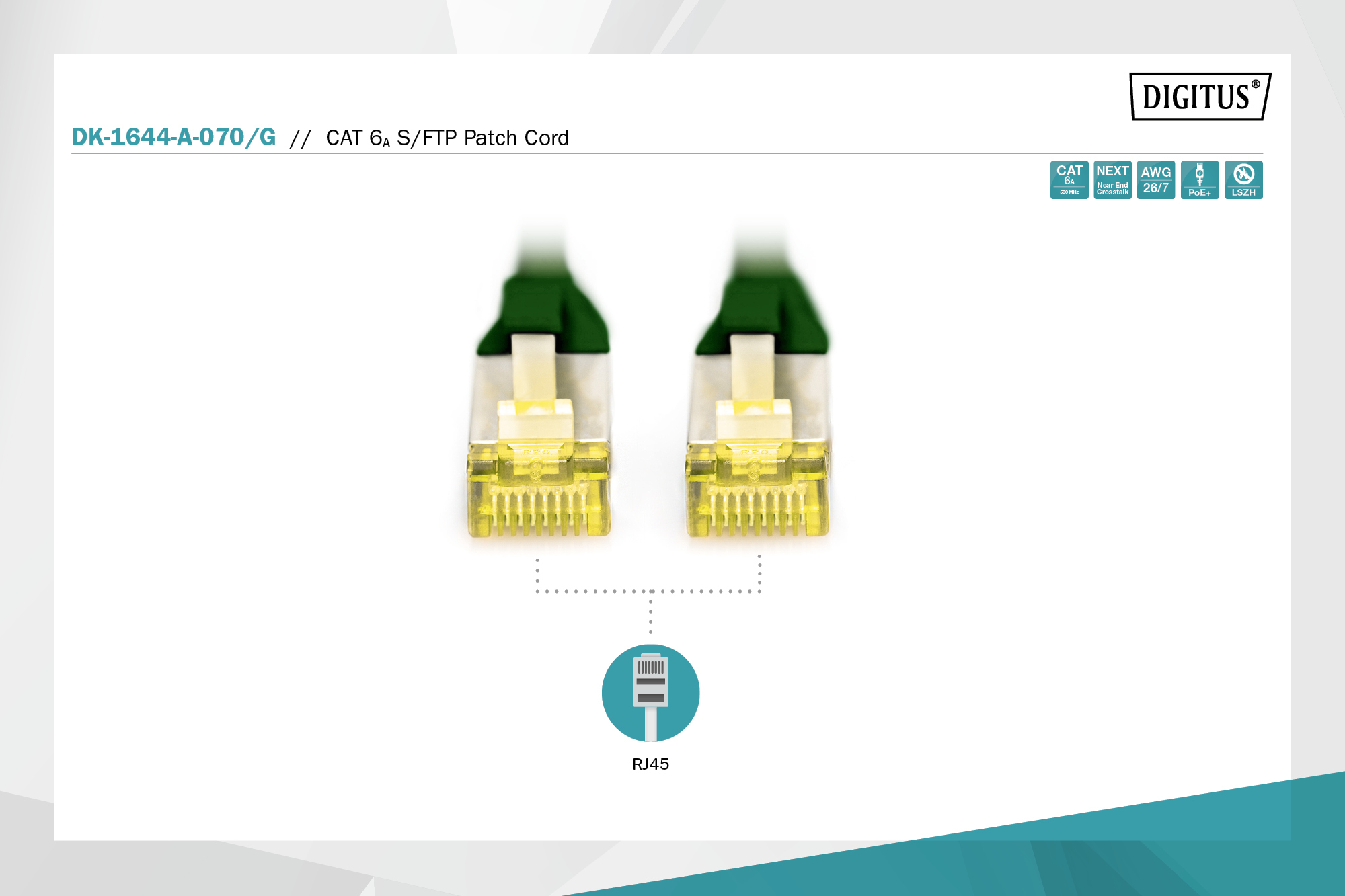 Zwei RJ45-Stecker eines CAT 6A S/FTP Patchkabels auf weißem Hintergrund.