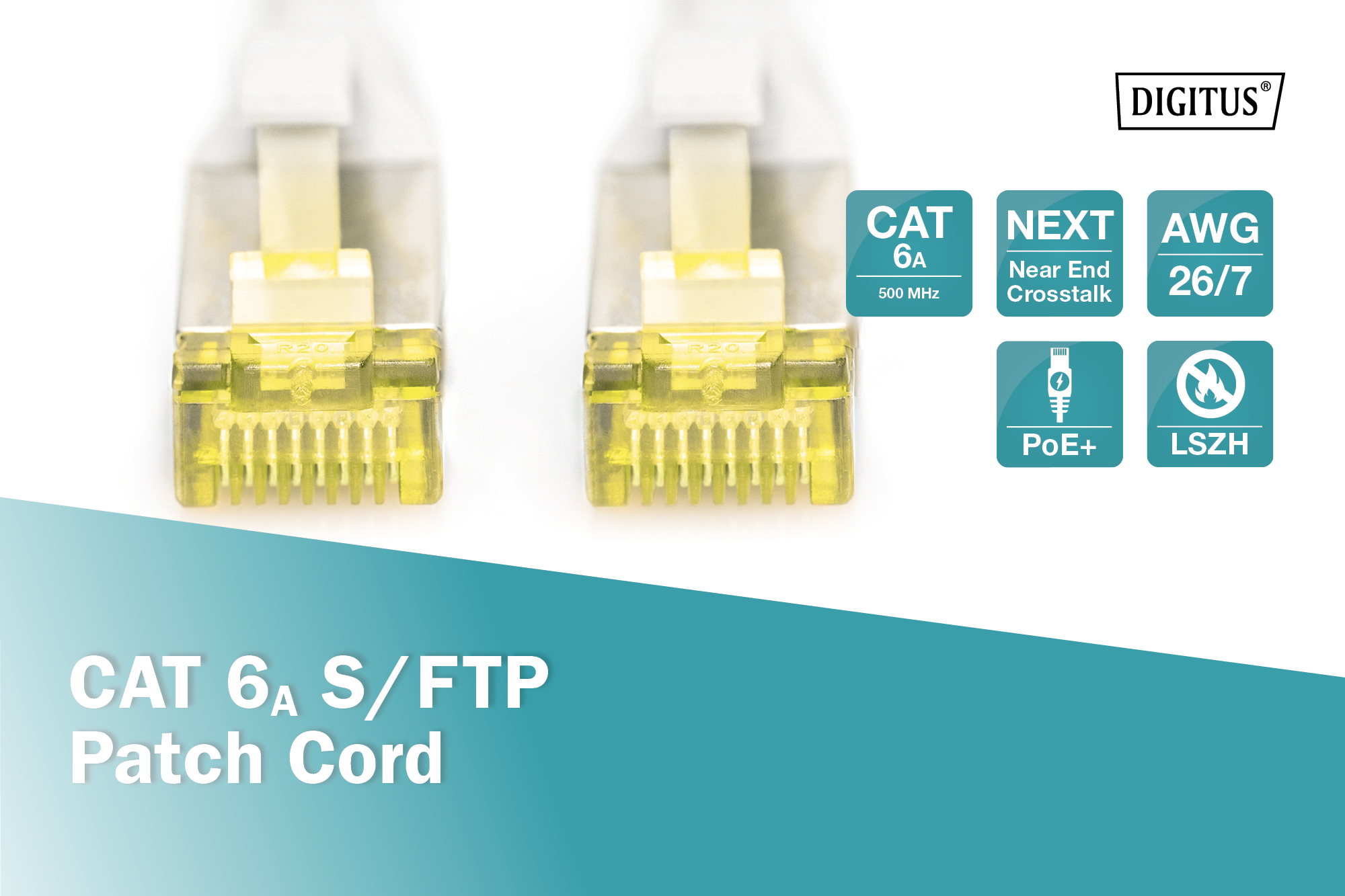 Zwei CAT 6A S/FTP Patchkabel mit gelben Steckern auf weißem Grund.