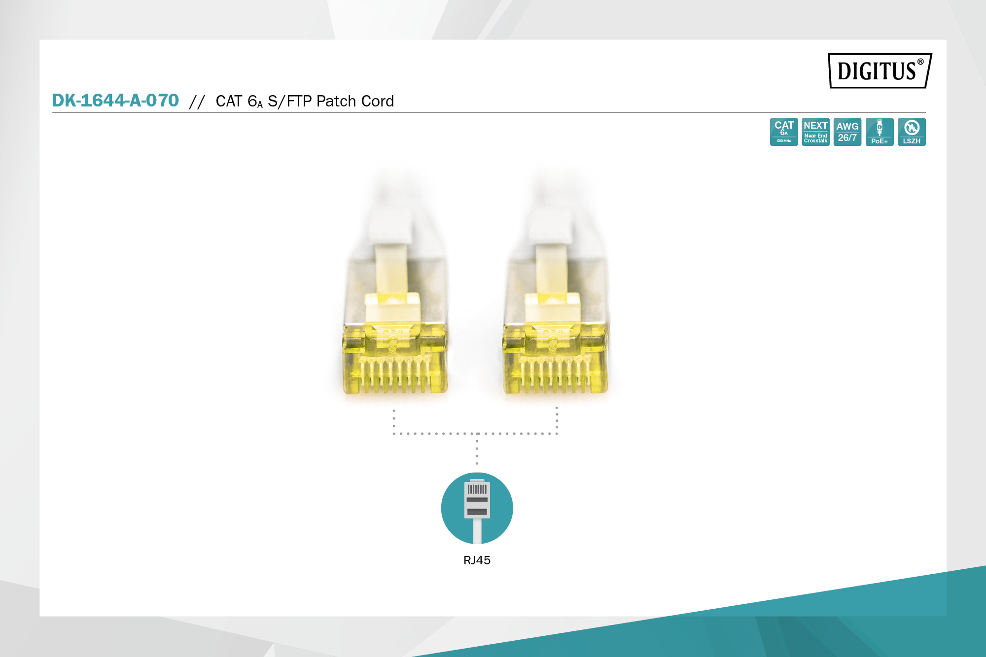 Zwei gelbe RJ45-Stecker eines CAT 6A S/FTP Patchkabels von Digitus.