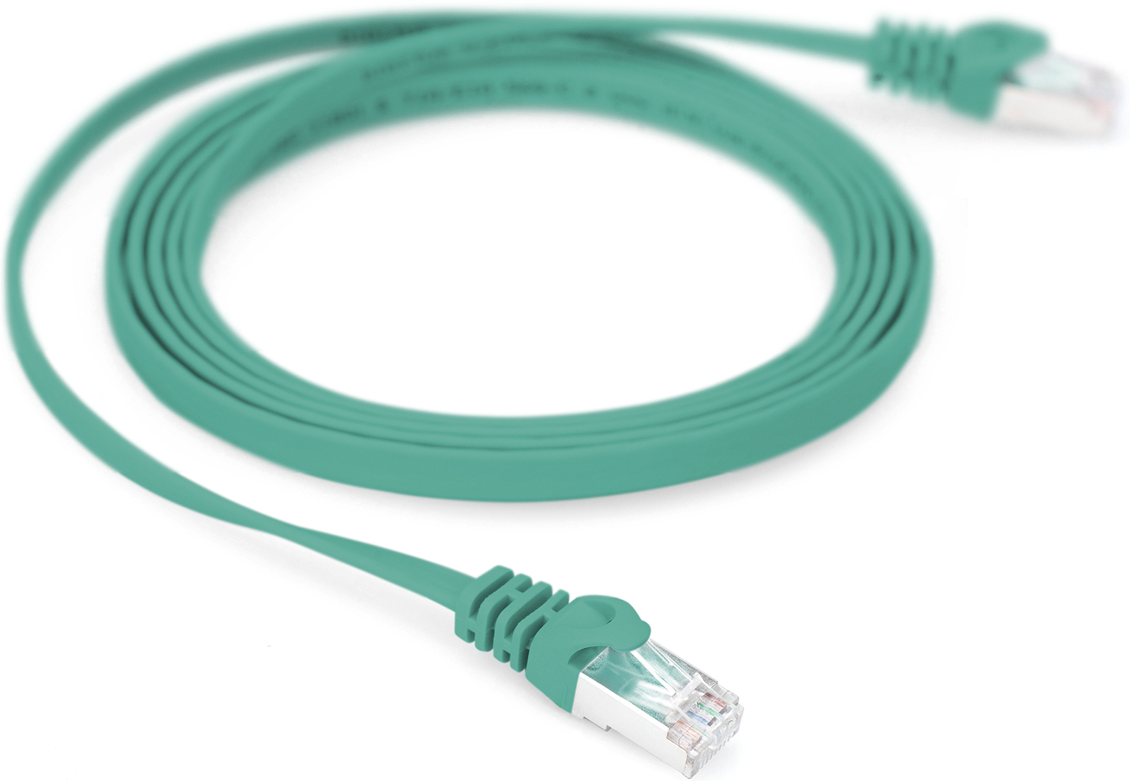 Ein türkisfarbenes Flachbandkabel mit RJ45-Steckern, aufgerollt.