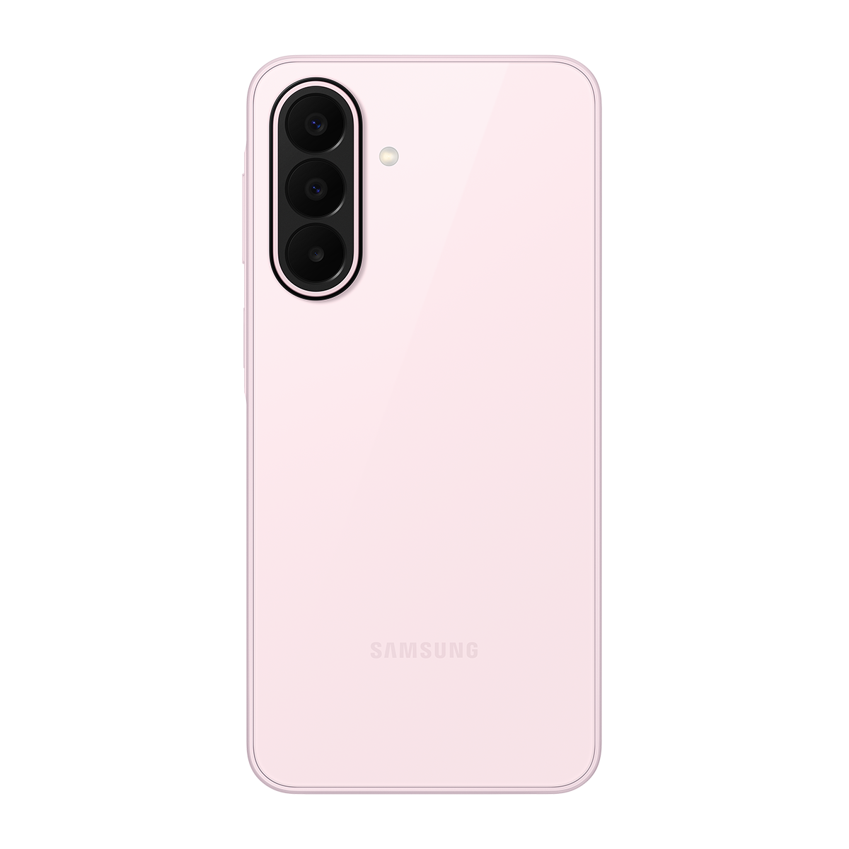 Arkada üç kamerası olan açık pembe Samsung akıllı telefon.