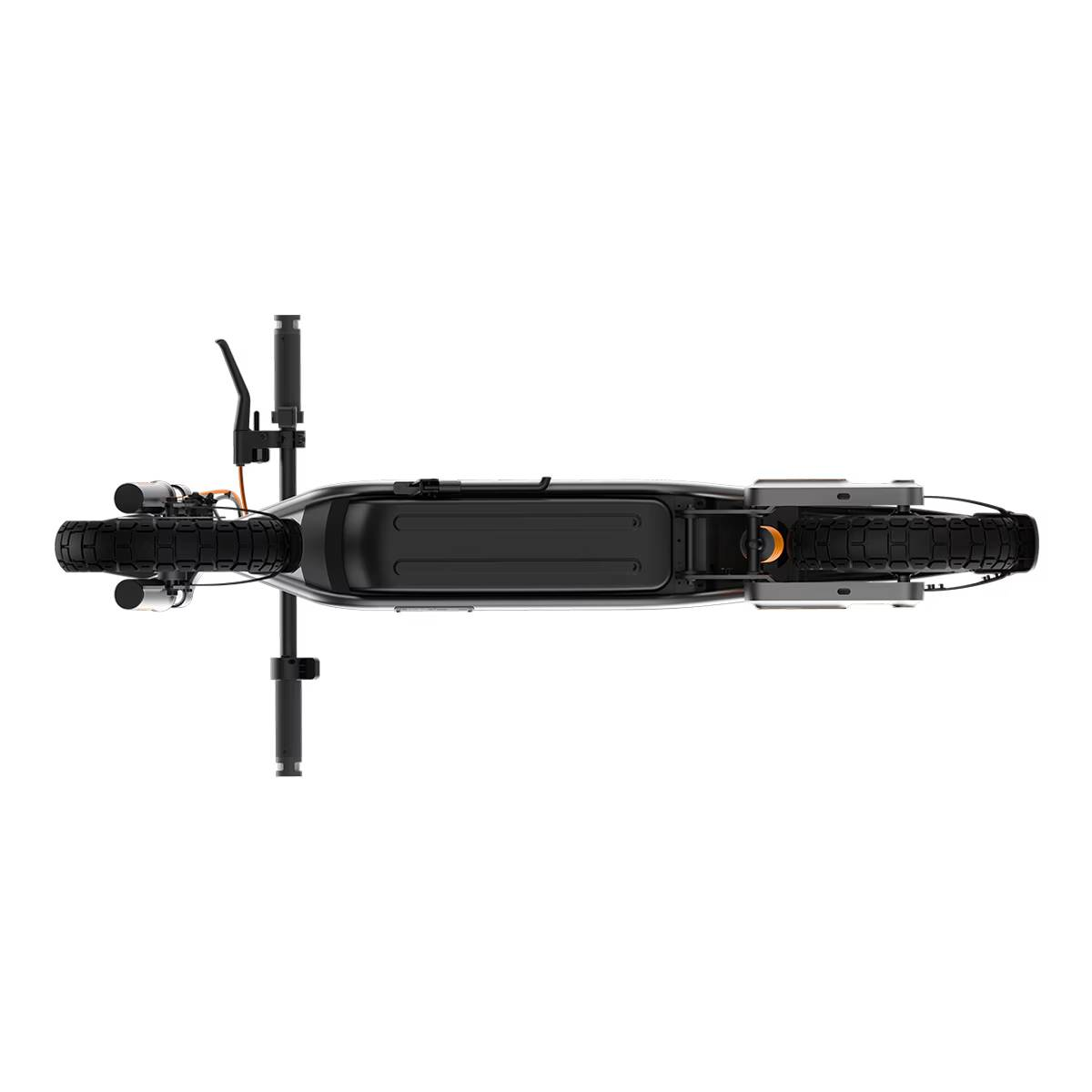 Vista superior de un patinete eléctrico negro con neumático grueso y manillar.
