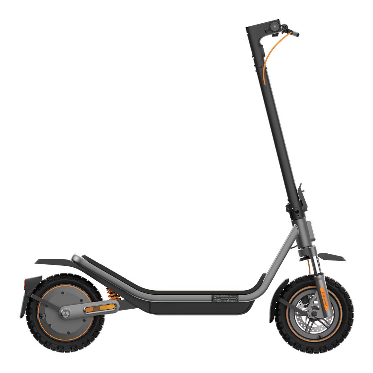 Un patinete eléctrico gris con detalles naranjas, manillar y ruedas negras.