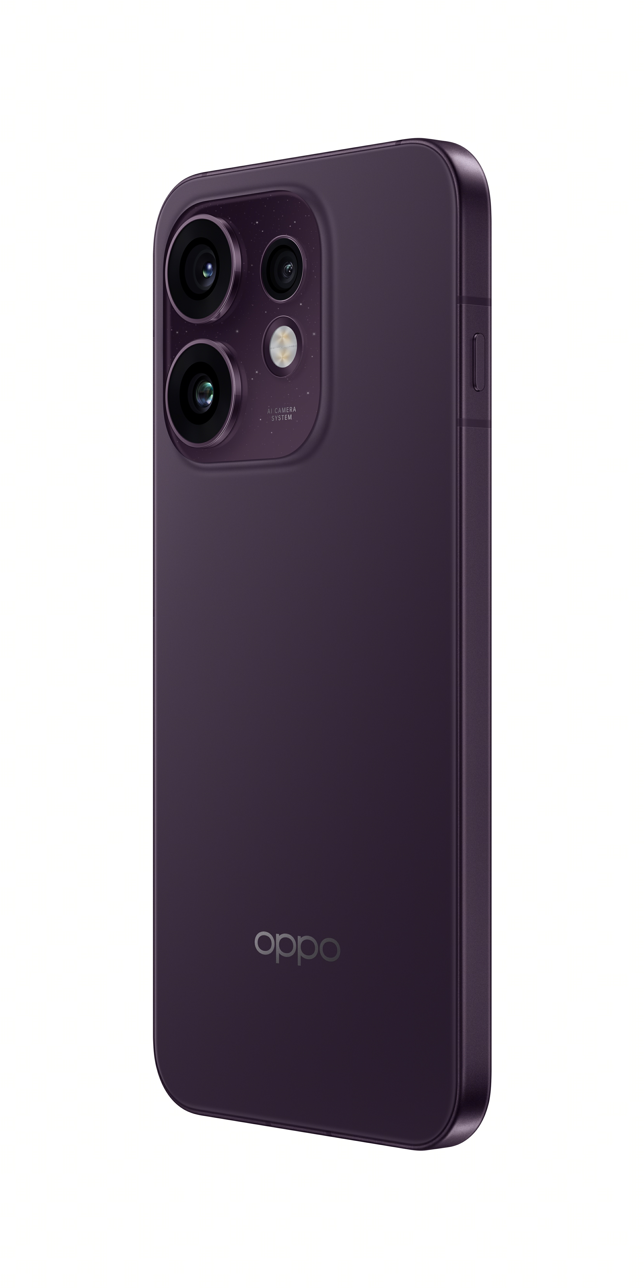 Koyu mor akıllı telefon, üçlü kamera ve OPPO logosu beyaz arka planda.