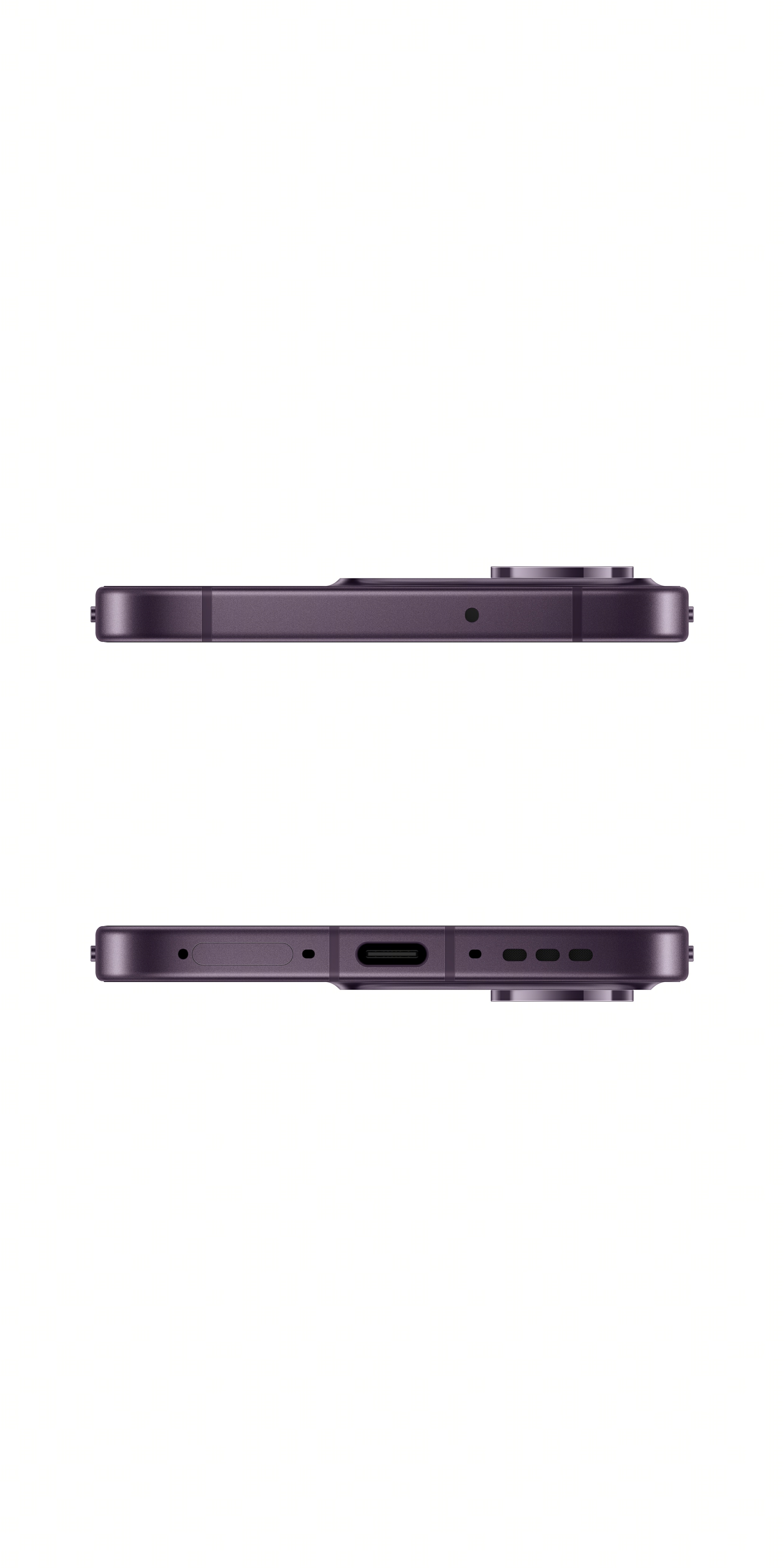 Mor akıllı telefon yan görünüm, USB-C bağlantı noktası ve hoparlör ızgaraları.
