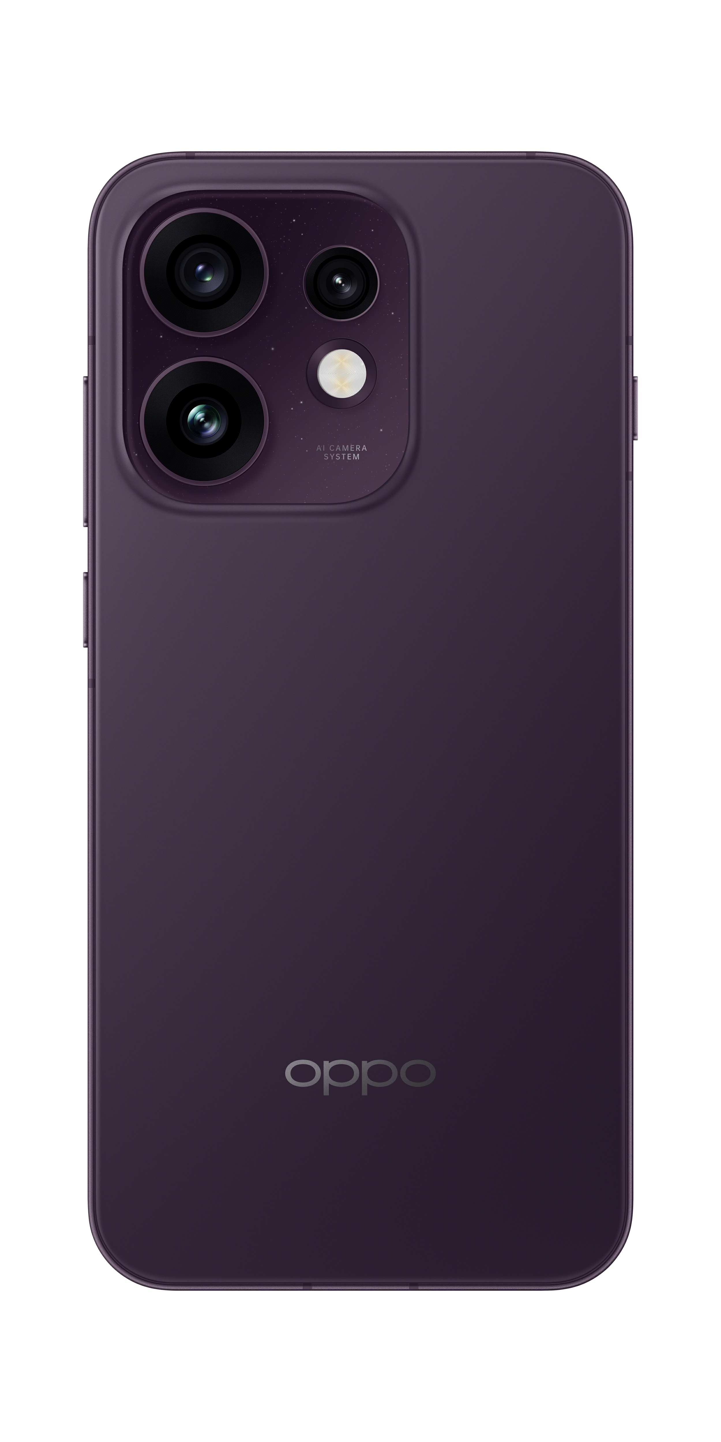 Dörtlü arka kamerası ve Oppo logosu olan koyu mor telefon.