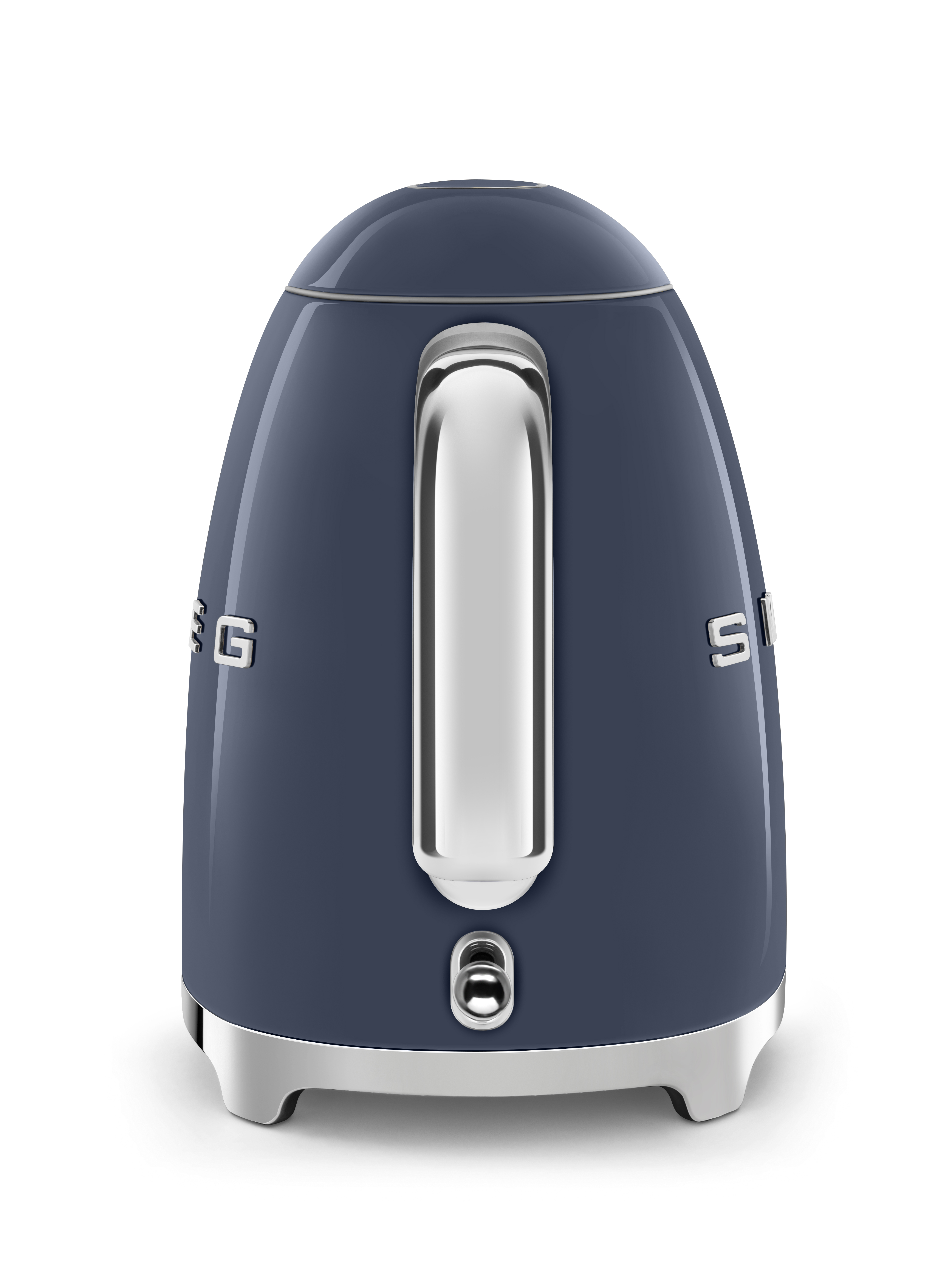 Dunkelblauer Wasserkocher mit Chromgriff und SMEG-Logo auf weißem Hintergrund.