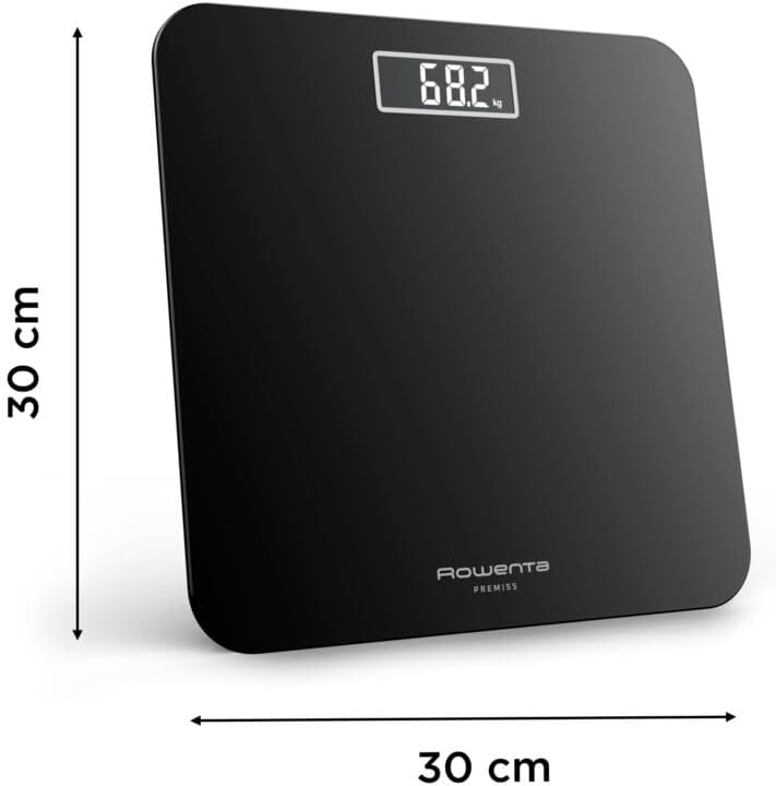 Schwarze digitale Personenwaage mit 30x30cm Maßen und digitaler Anzeige 68,2kg.