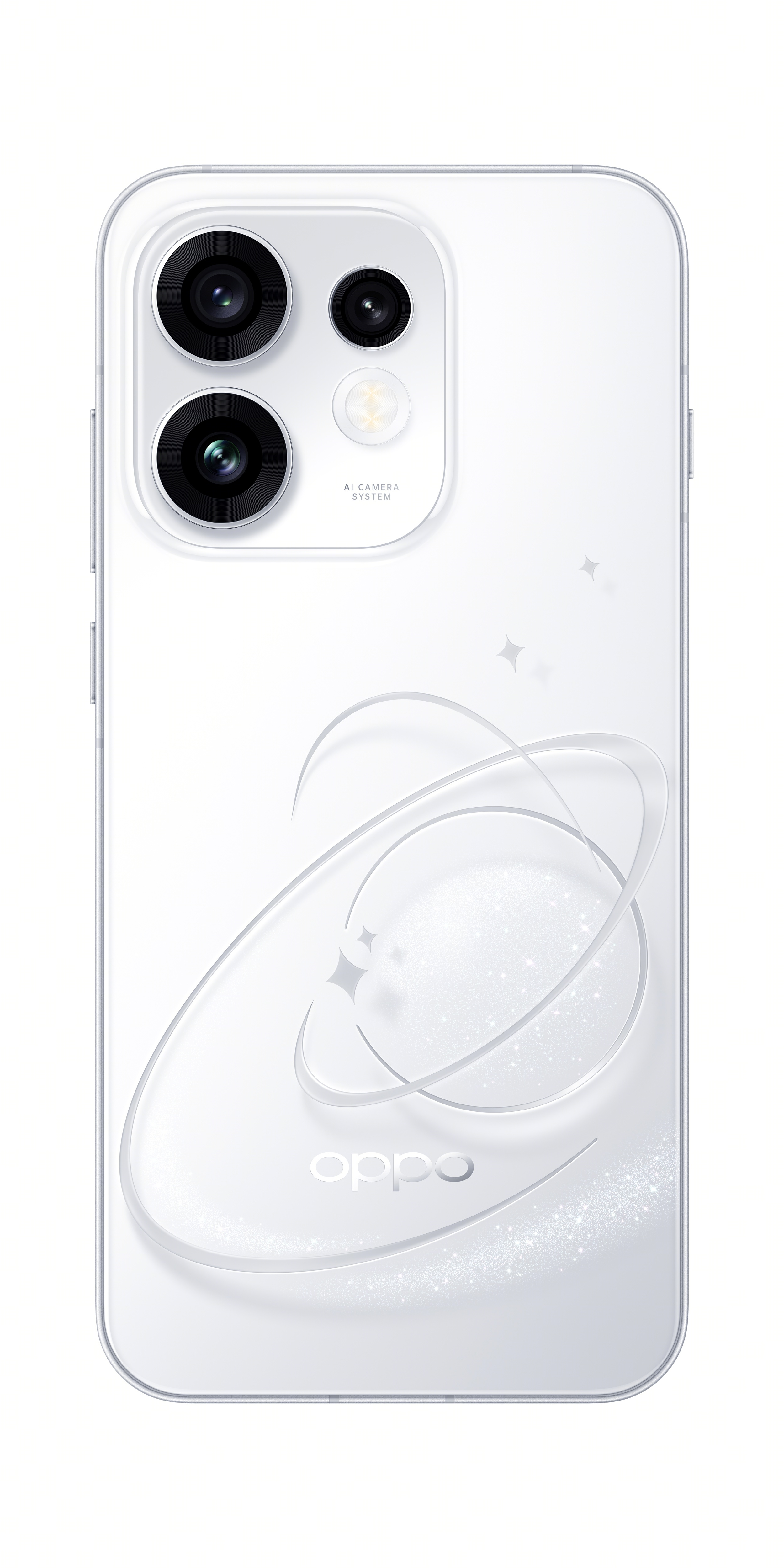 Üç kameralı beyaz akıllı telefon, 'oppo' logosu. Yıldız ve halka deseni.