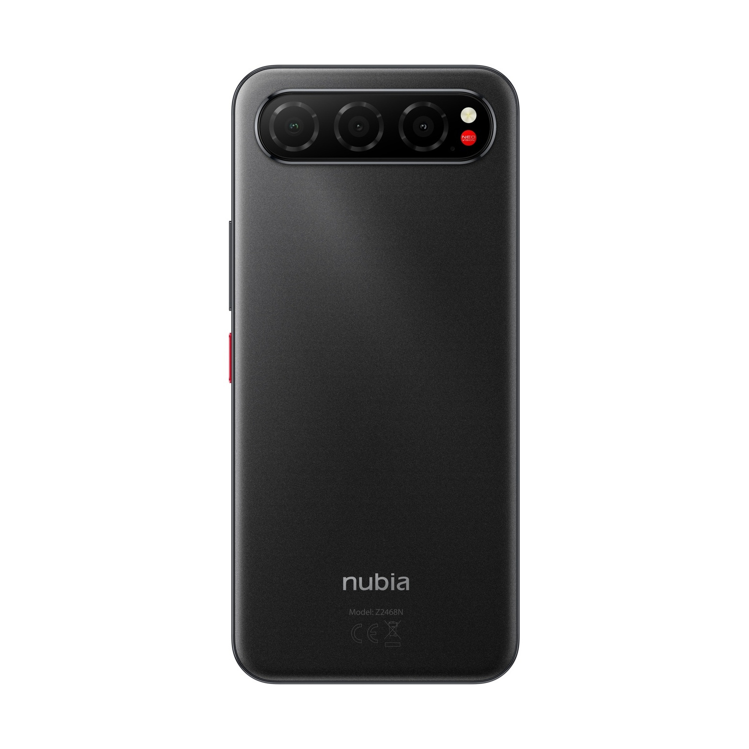 Retro di uno smartphone Nubia nero con tre fotocamere e un dettaglio rosso.