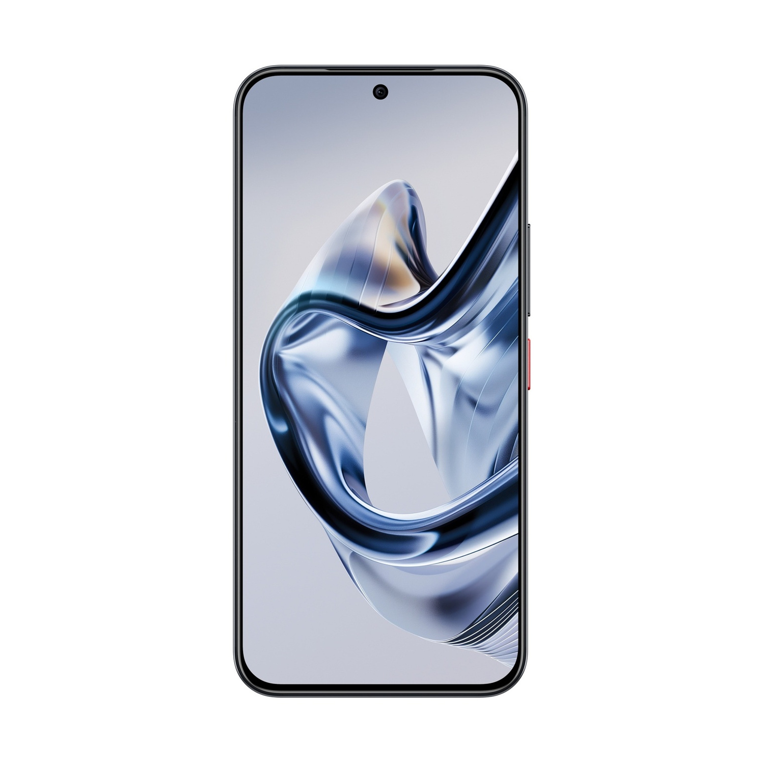 Uno smartphone che mostra un motivo astratto, fluido, blu e argento sul suo schermo.