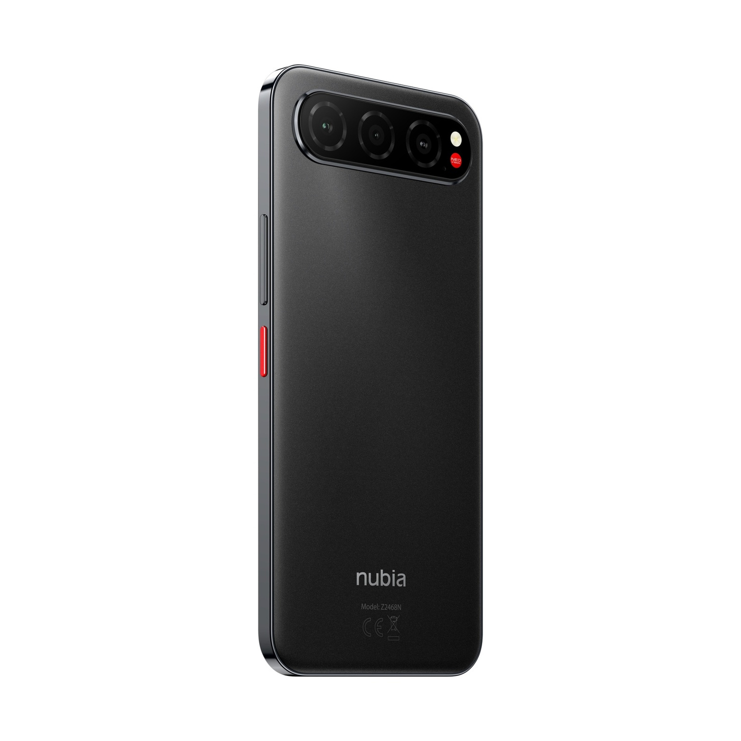 Smartphone nero con tre fotocamere e un accento rosso sul lato.