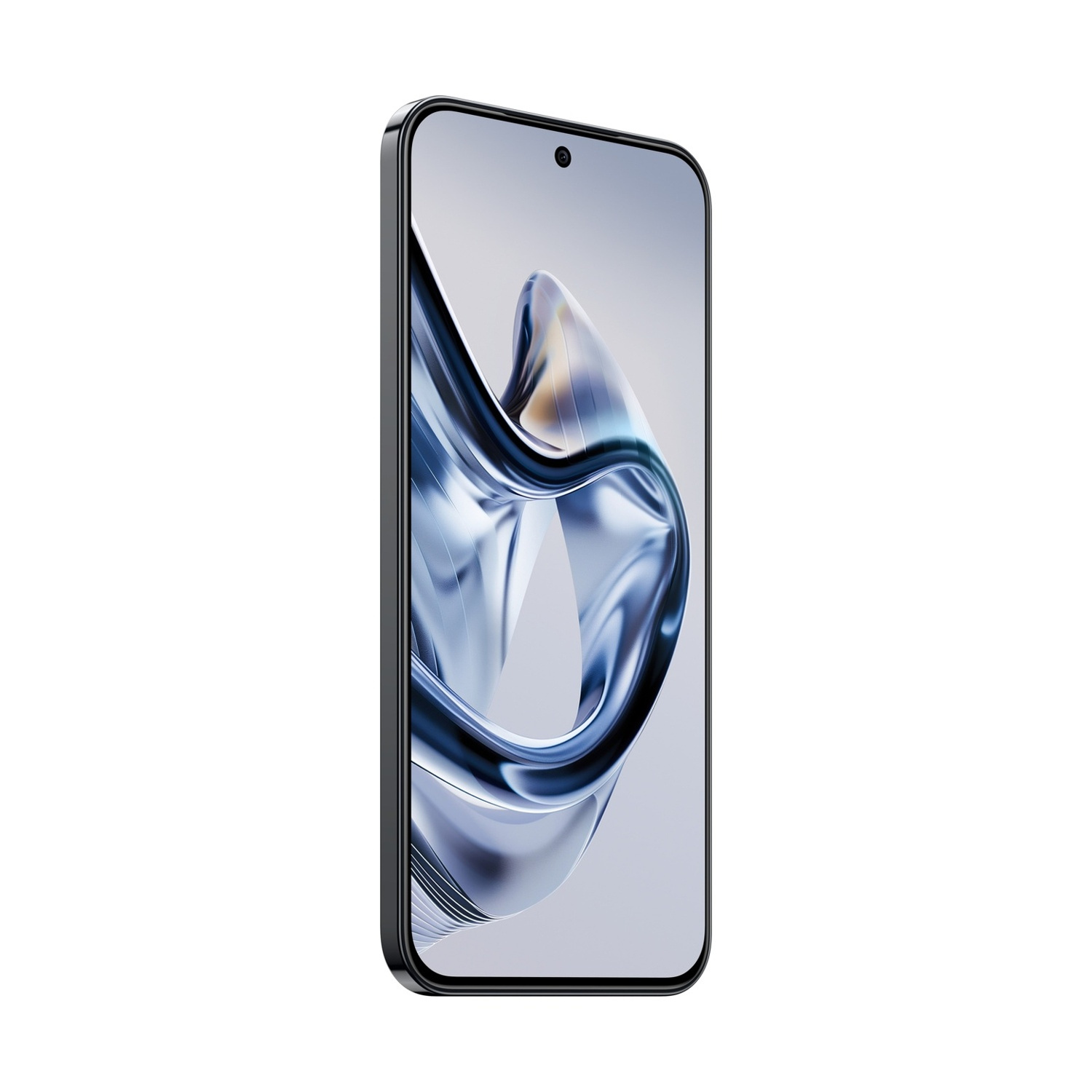 Uno smartphone nero dal design elegante, che mostra una grafica astratta vorticosa blu e argento sullo schermo.
