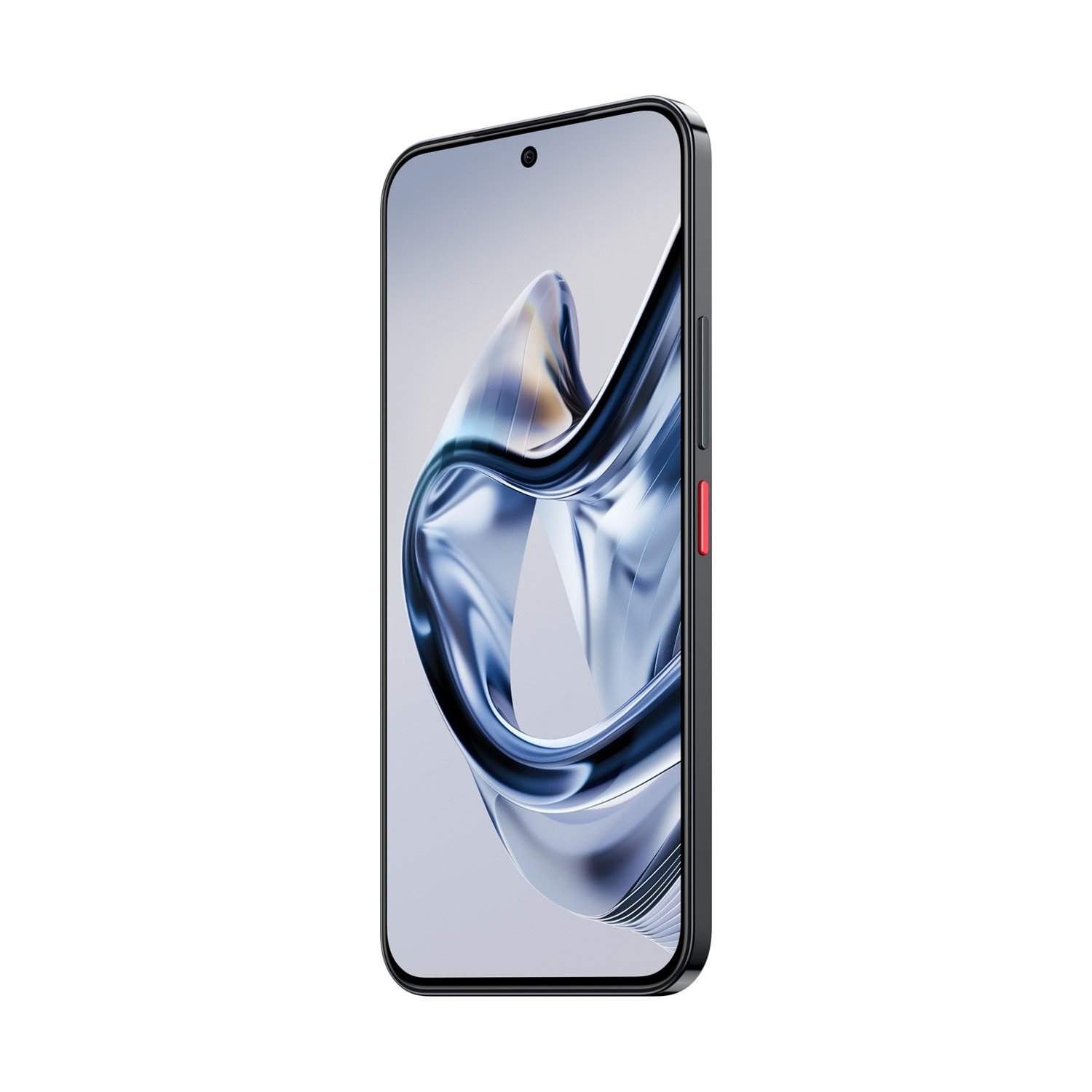 Uno smartphone scuro con uno sfondo astratto e fluido.