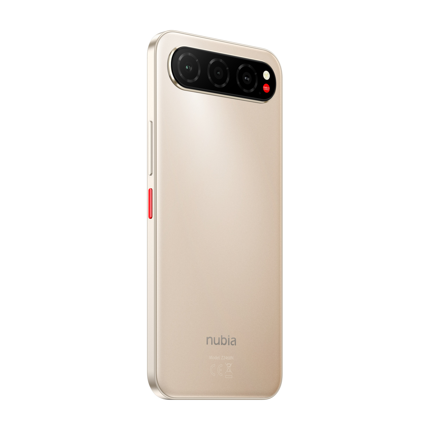 Retro di uno smartphone Nubia dorato con tre fotocamere e accento rosso.