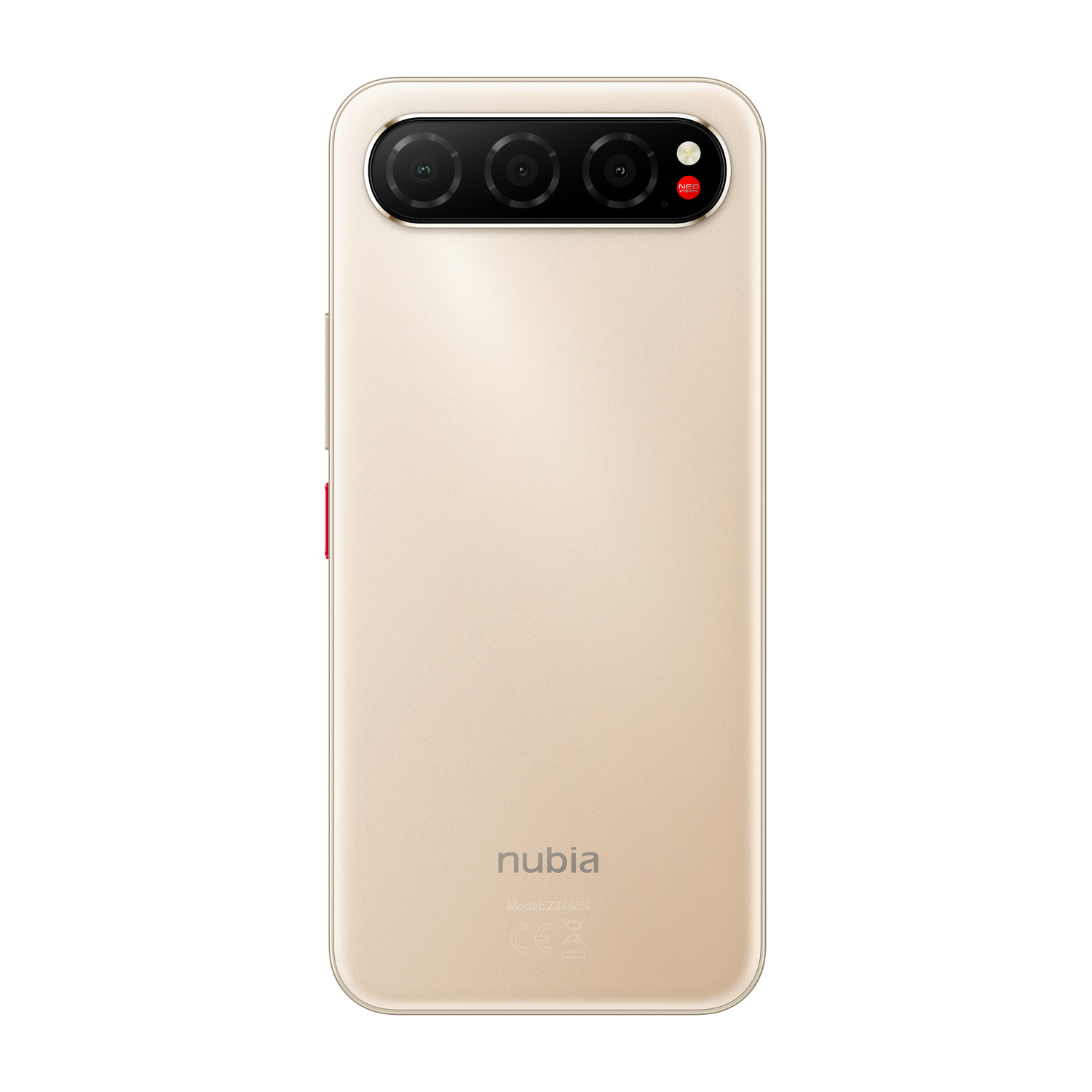 Retro di uno smartphone dorato con tre fotocamere e un accento rosso.