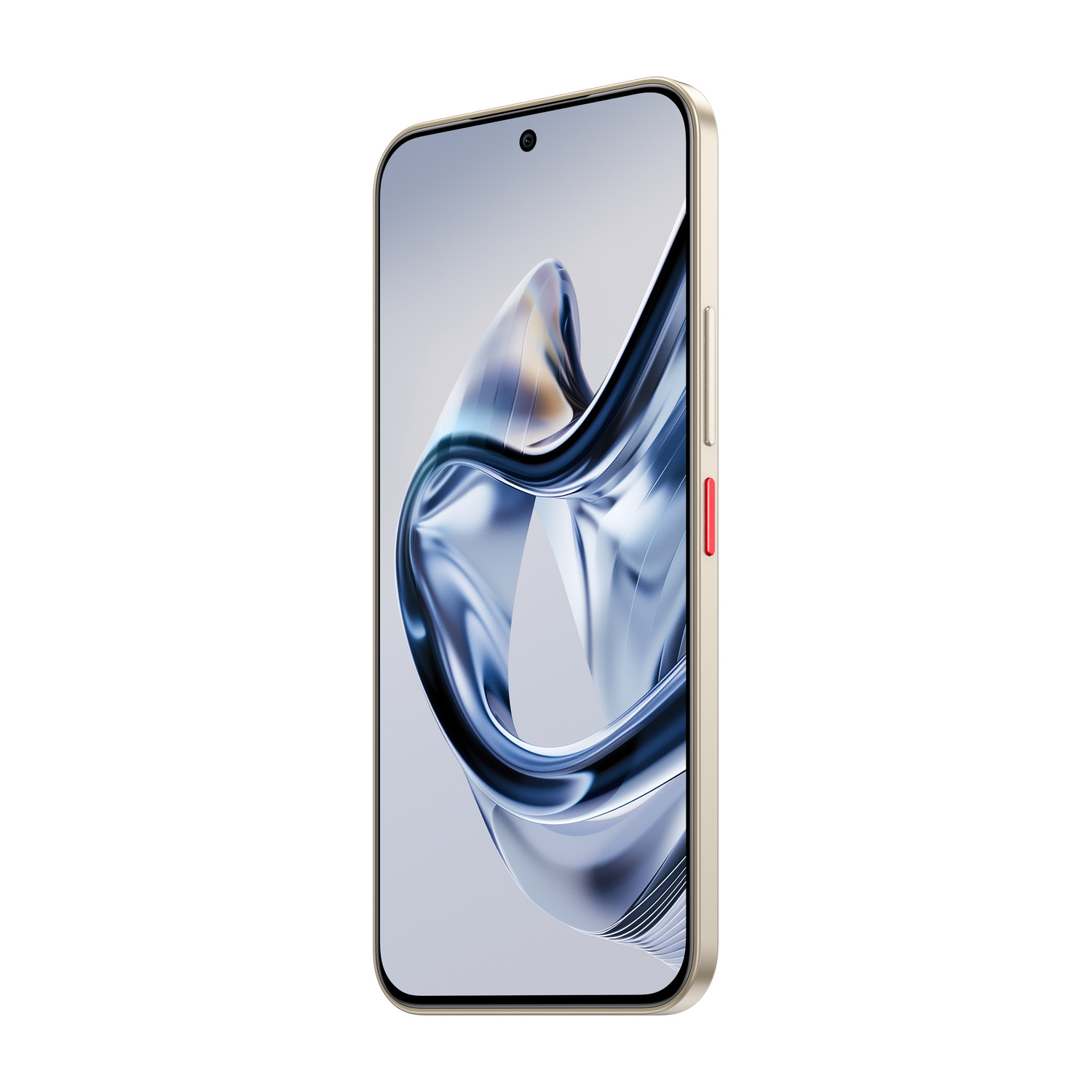Uno smartphone dorato con un pulsante rosso sul lato, che mostra uno sfondo astratto blu e bianco.