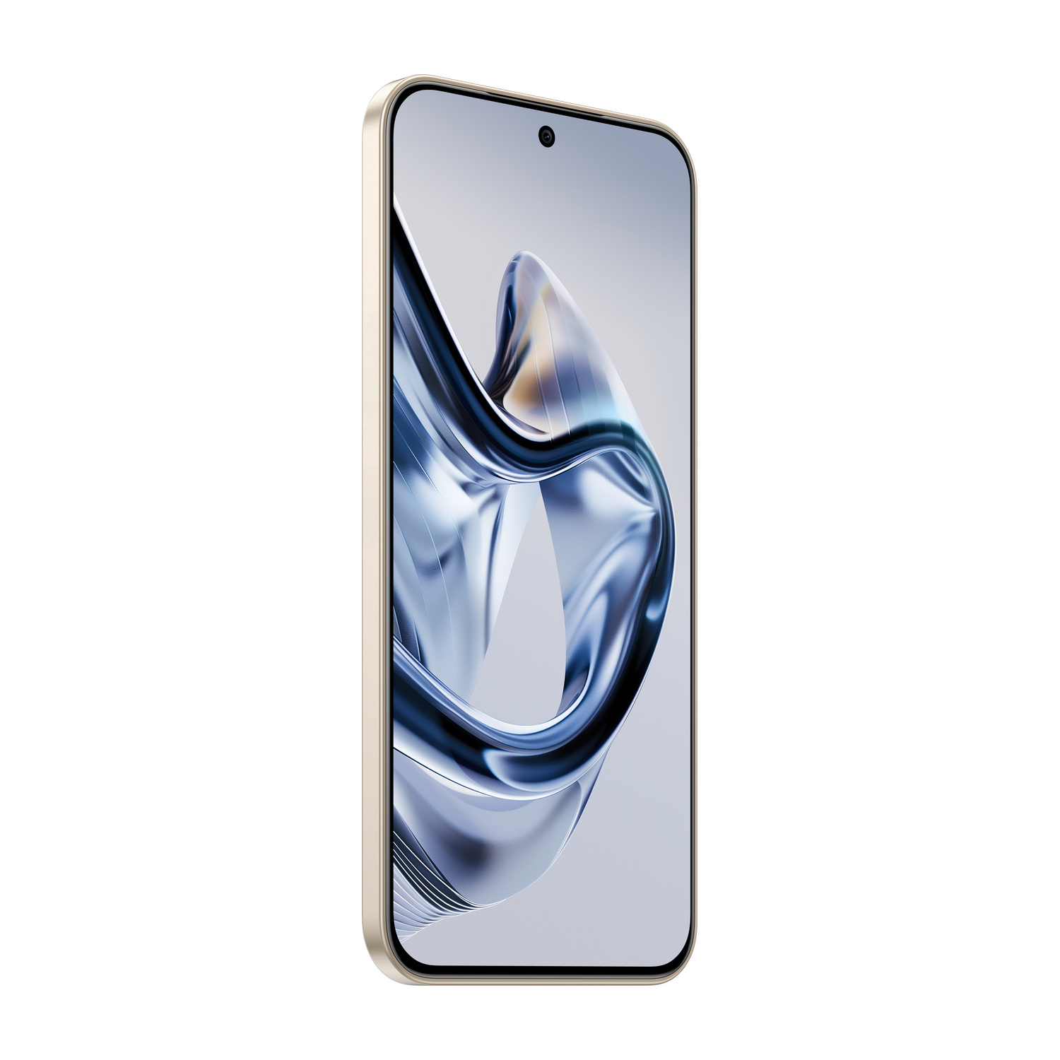 Uno smartphone elegante con cornice chiara, che mostra uno sfondo astratto e fluido.