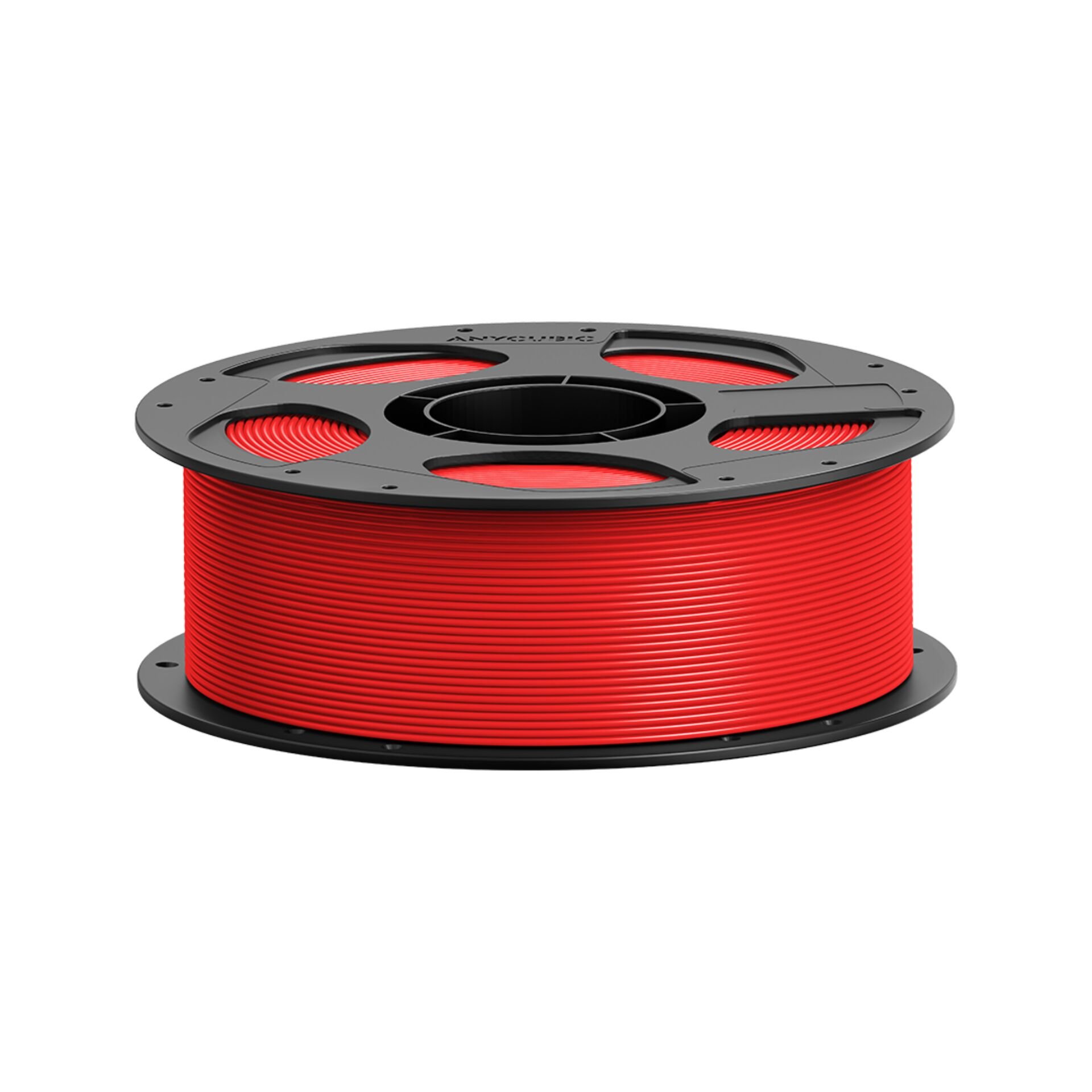 Eine Spule mit rotem 3D-Druckfilament auf schwarzem Kern.
