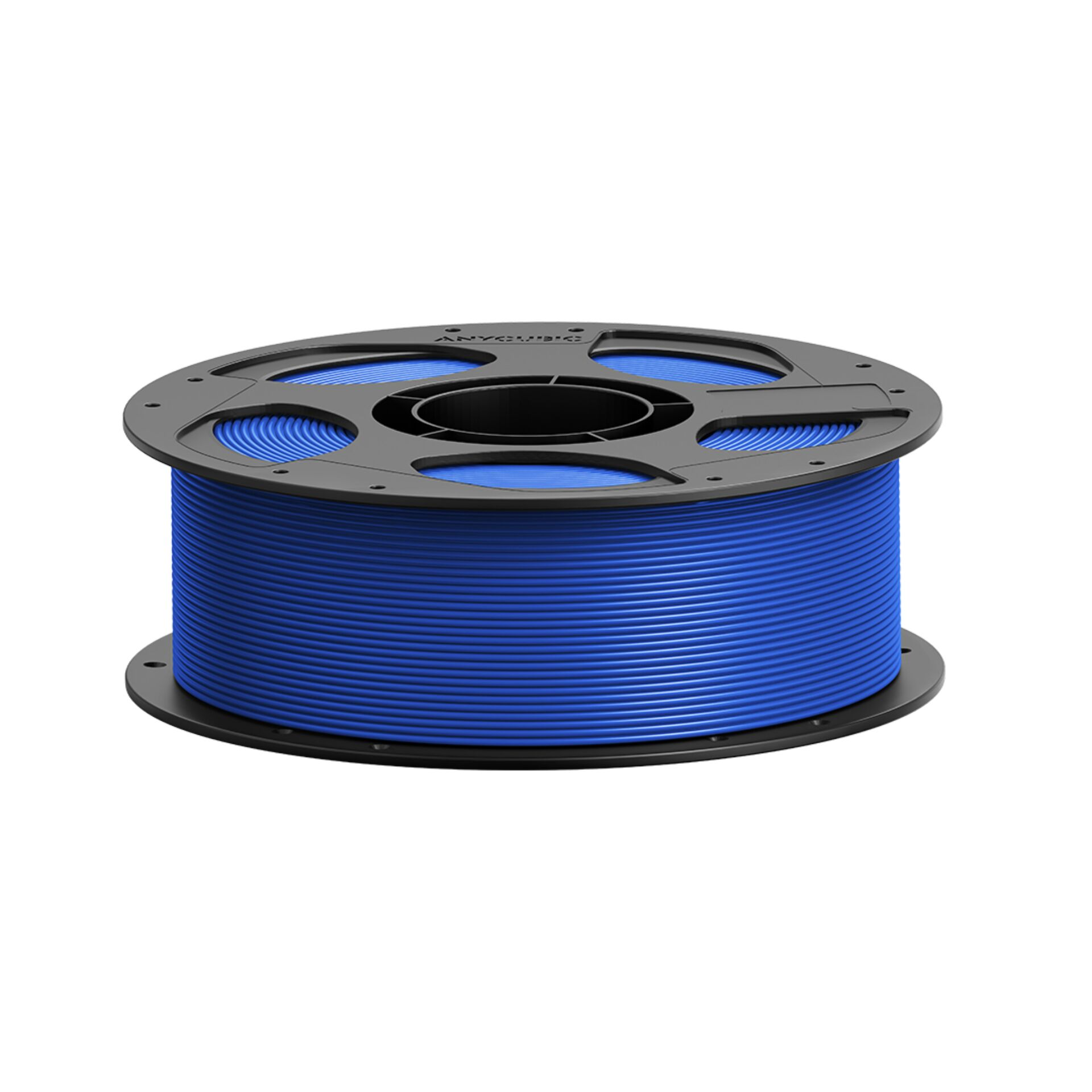Eine blaue Spule mit 3D-Druckfilament auf einem schwarzen Spulenkern.